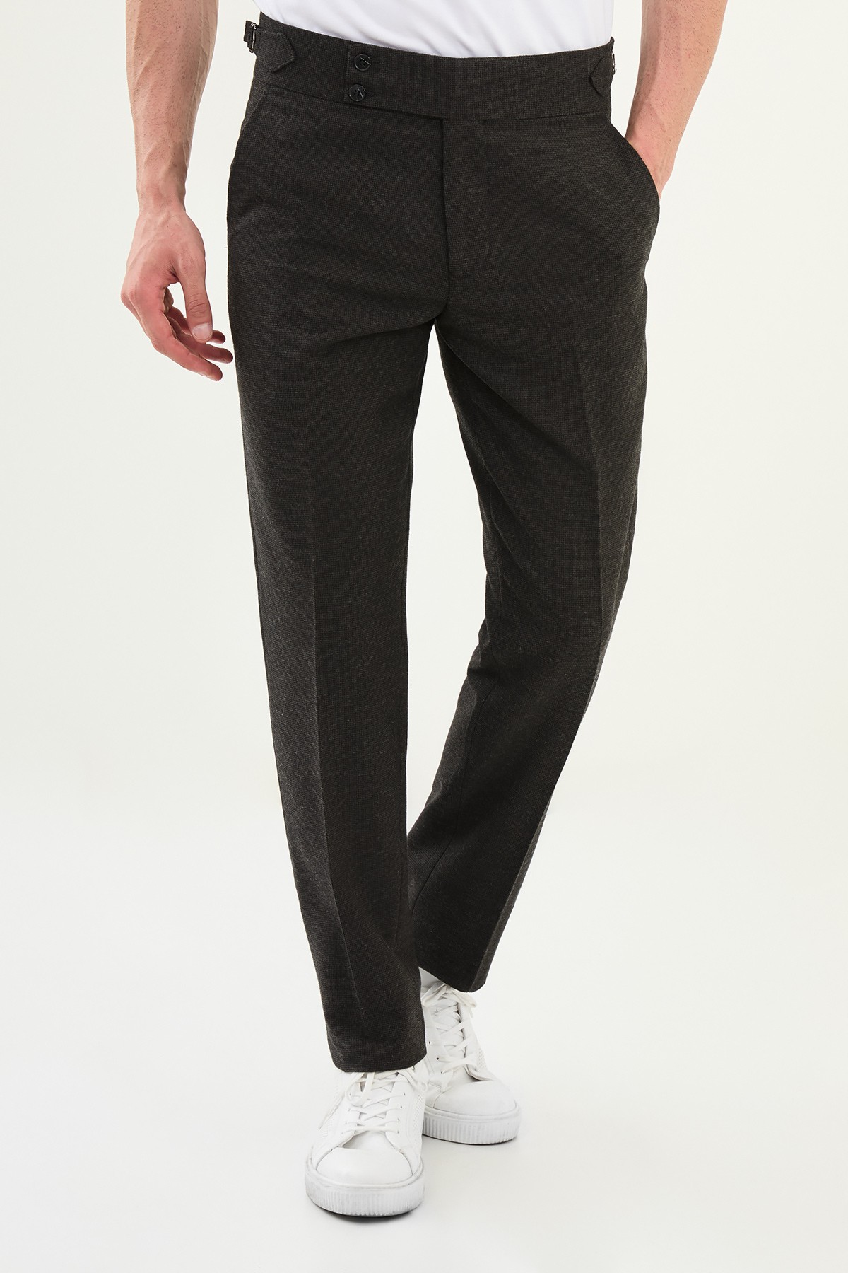 Kareli Slim Fit Beli Tokalı Yün Erkek Pantolon - Kahverengi