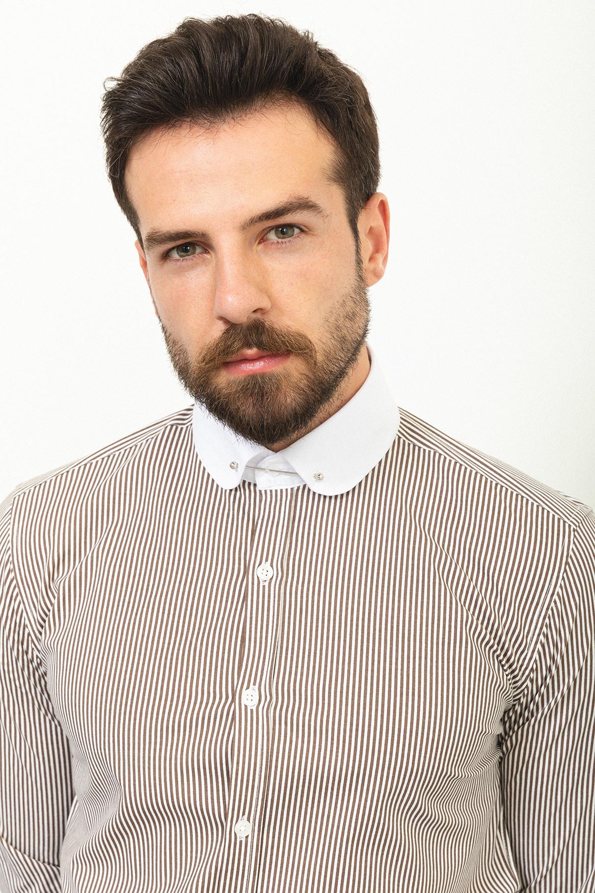 Çizgili Slim Fit Bebe Yaka Klasik Erkek Gömlek