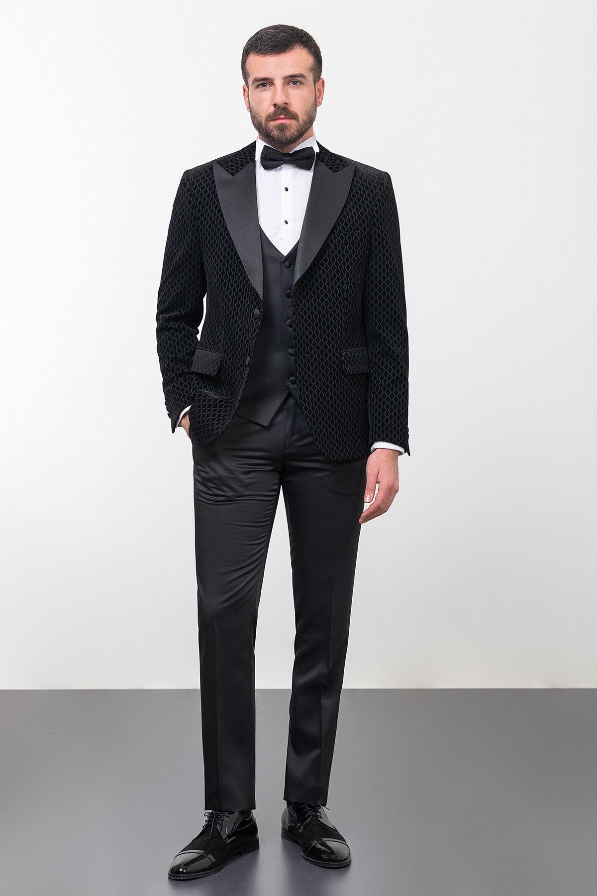 Desenli Slim Fit Geniş Yaka Kadife Erkek Damatlık - Siyah