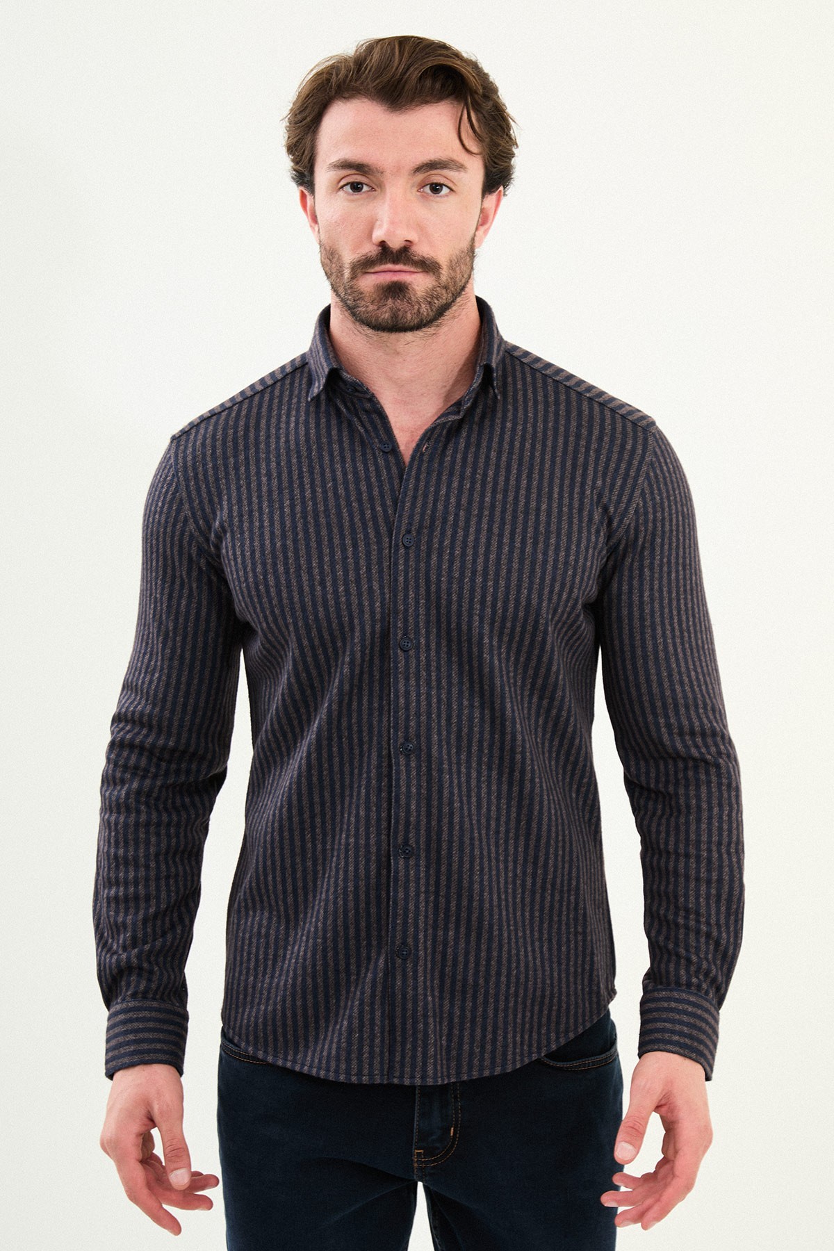 Çizgili Slim Fit Yün Erkek Gömlek - Lacivert-Kahverengi