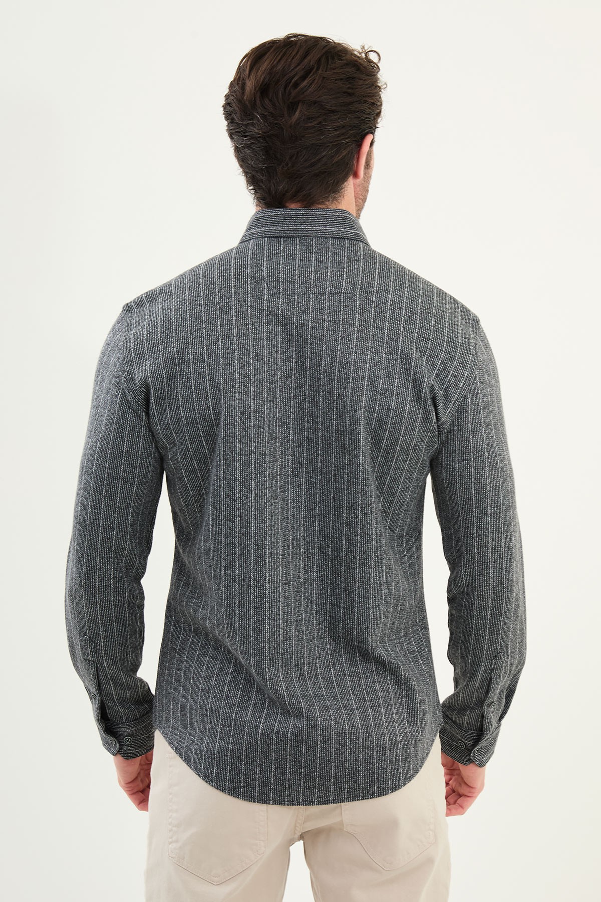 Çizgili Slim Fit Uzun Kollu Oduncu Yün Erkek Gömlek