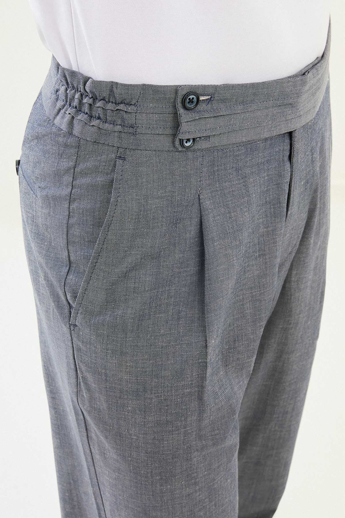 Düz Slim Fit Beli Lastikli Keten Erkek Pantolon