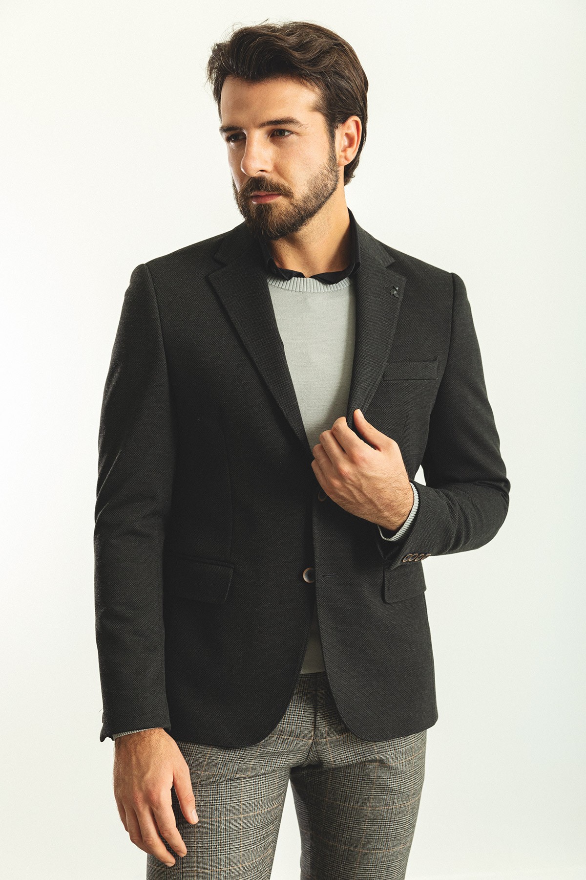 Dokulu Slim Fit Mono Yaka Yün Erkek Ceket