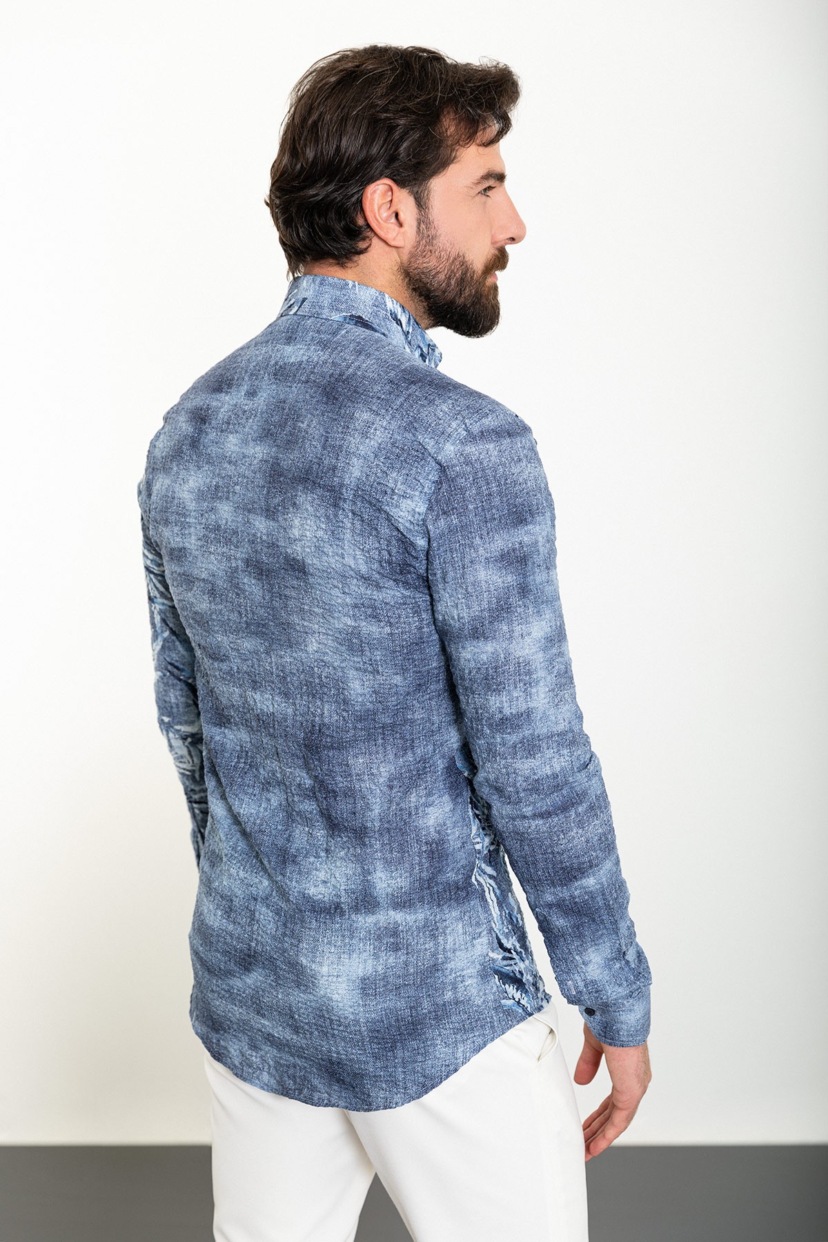 Yaprak Desenli Slim Fit Uzun Kollu Gofre Erkek Gömlek