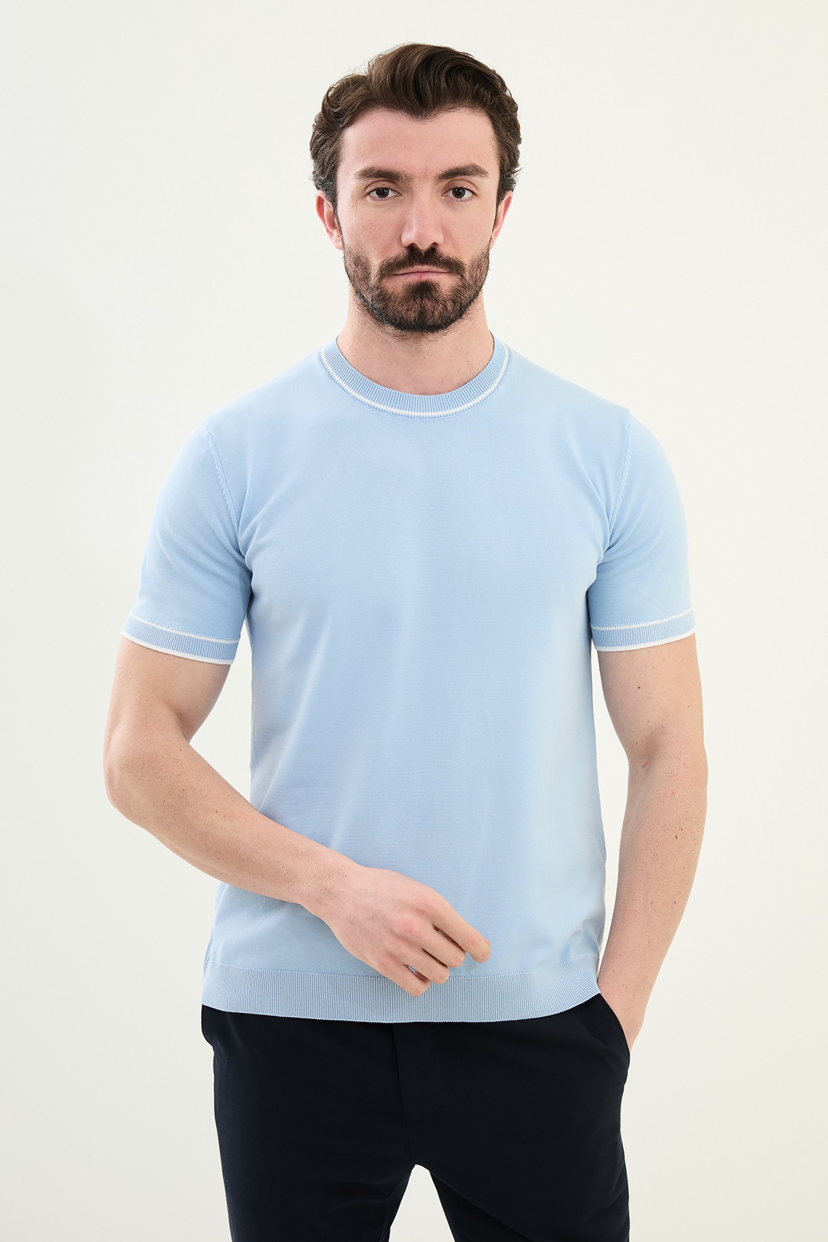 Düz Slim Fit Bisiklet Yaka Erkek Triko T-Shirt - Mavi-Beyaz