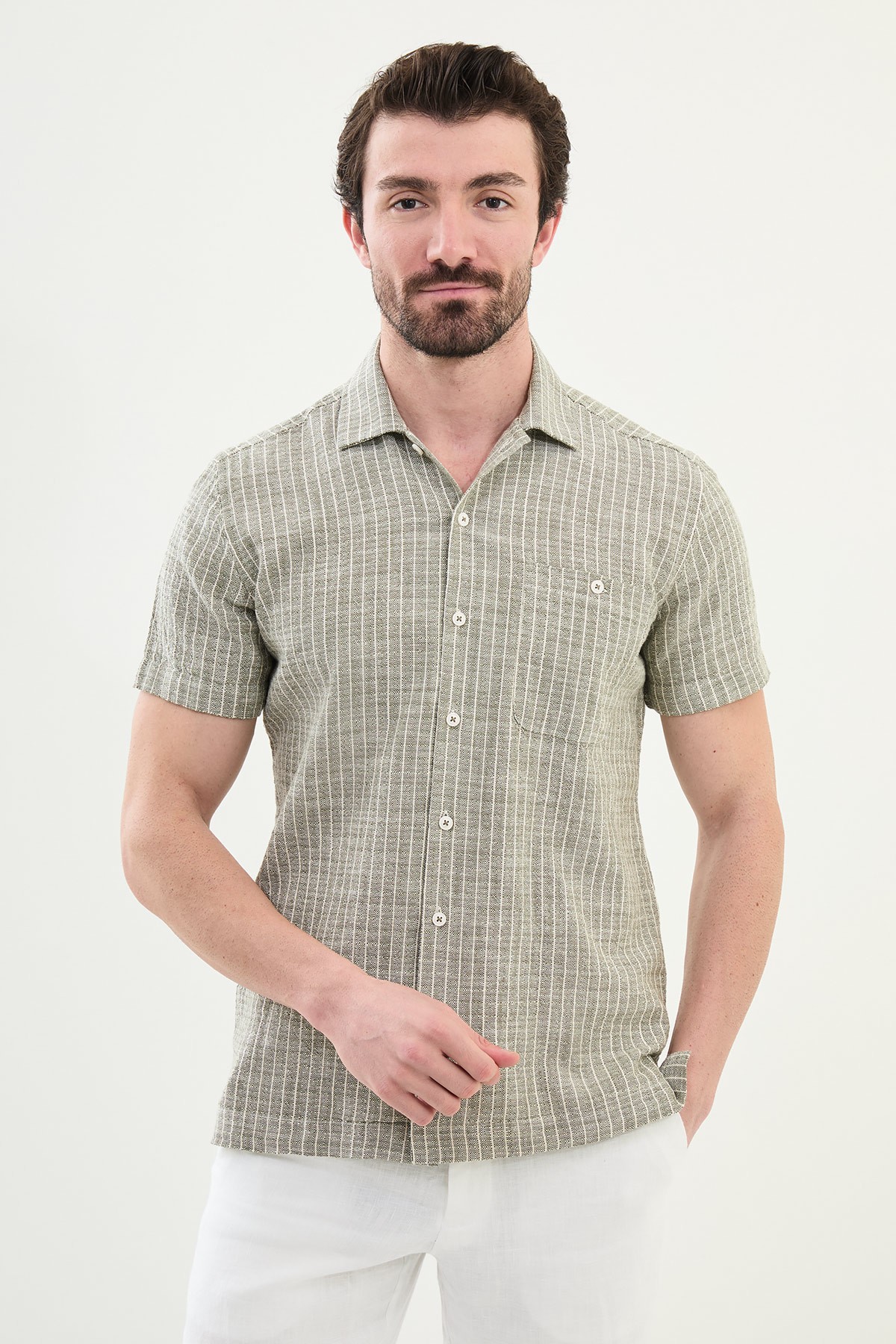 Çizgili Slim Fit Kısa Kollu Keten Erkek Gömlek - Haki
