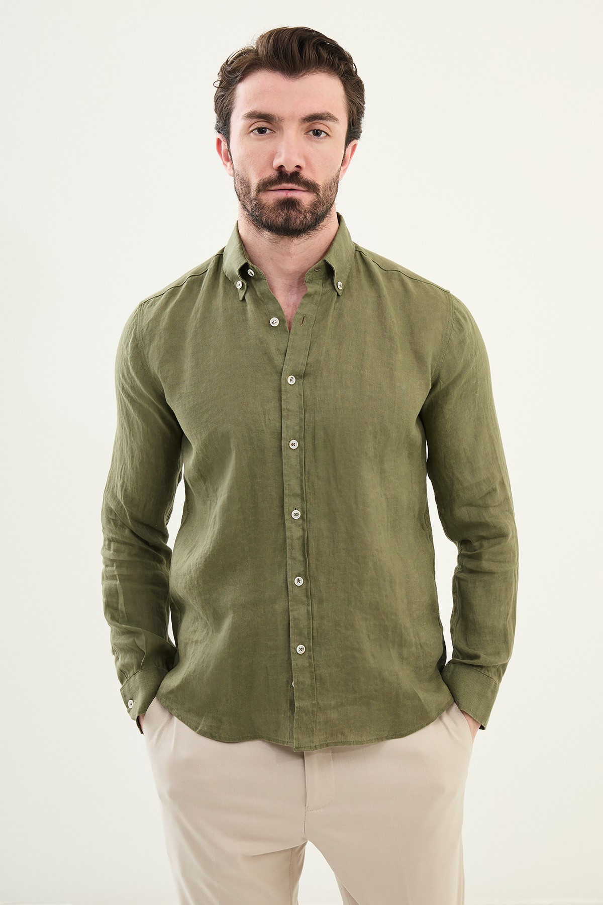 Düz Slim Fit %100 Keten Erkek Gömlek - Haki