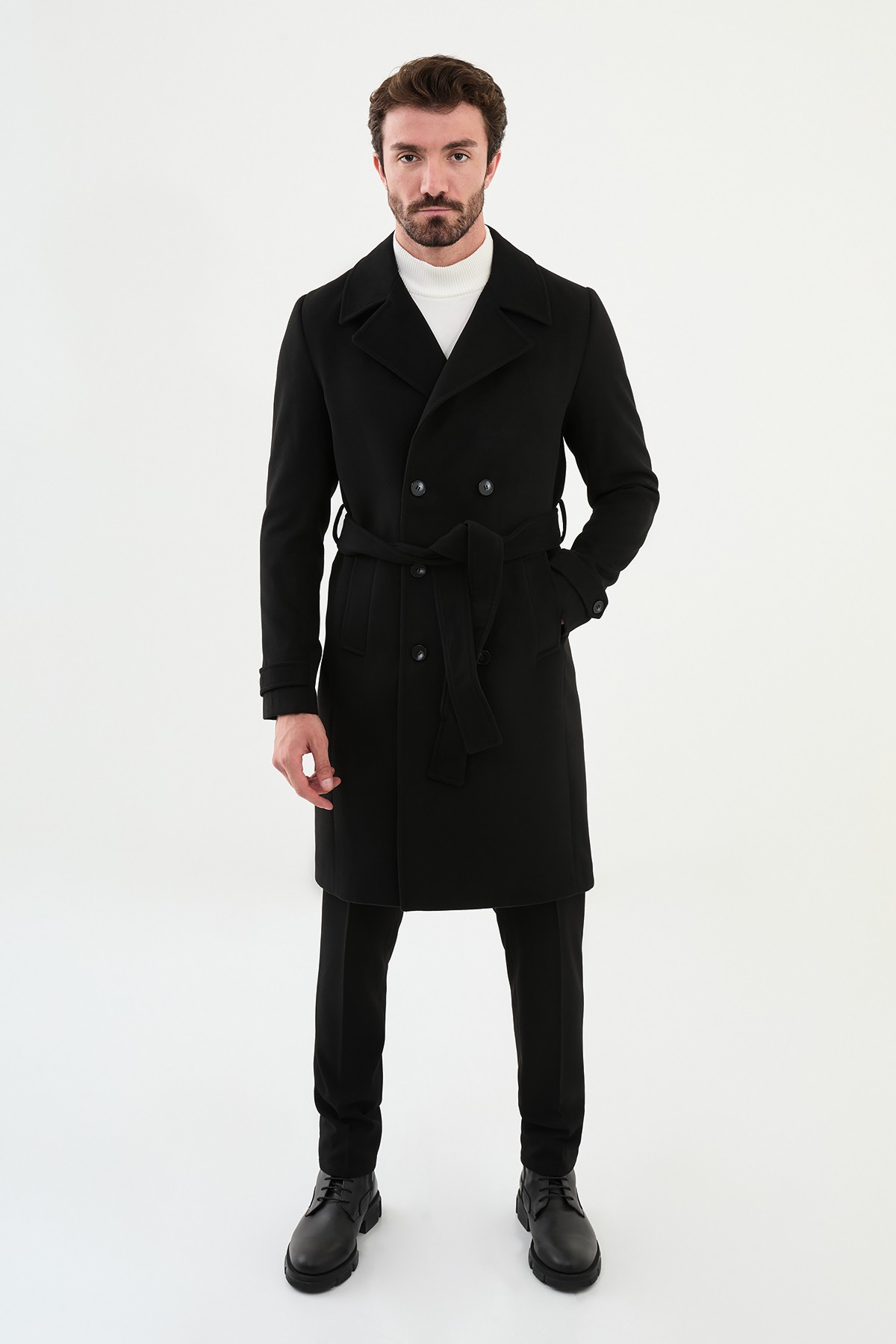 Düz Slim Fit Geniş Yaka Kuşaklı Kruvaze Kaşe Uzun Erkek Kaban