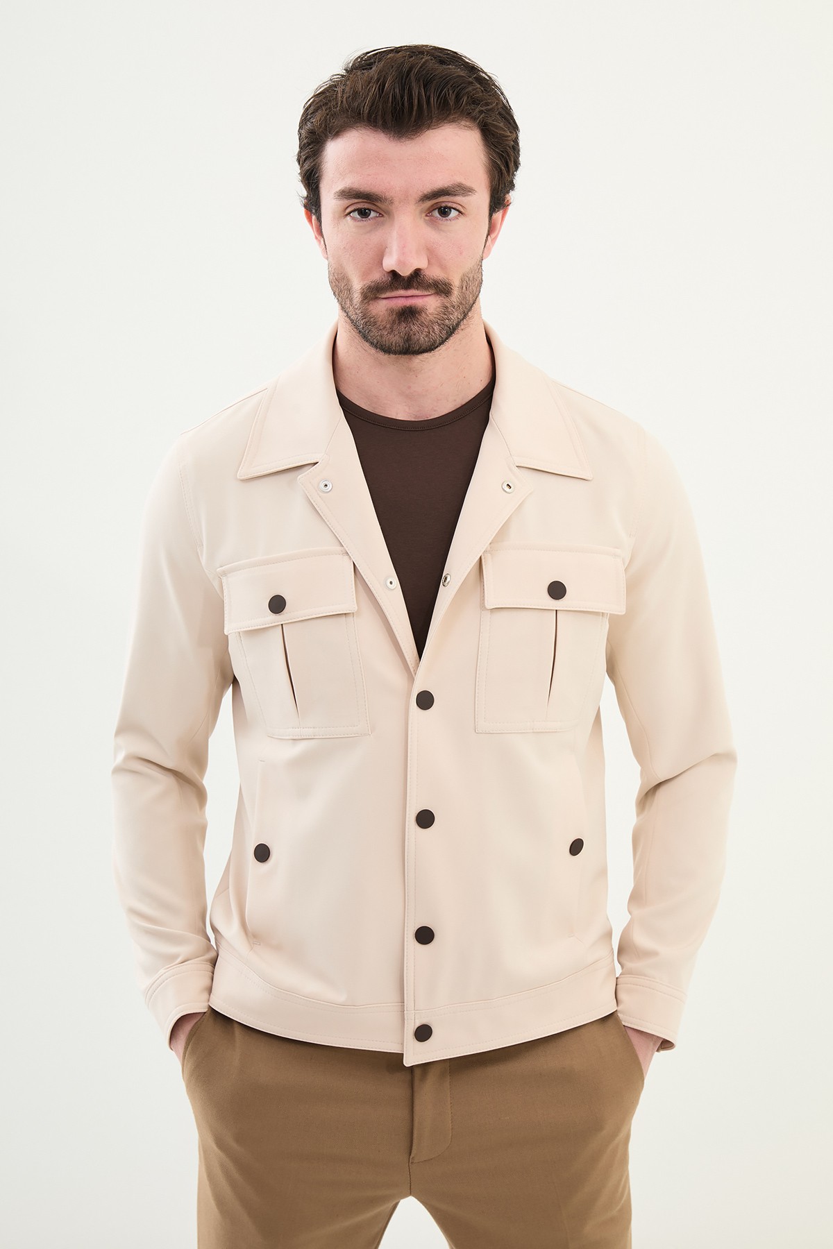 Düz Slim Fit Gömlek Yaka Erkek Mont - Taş