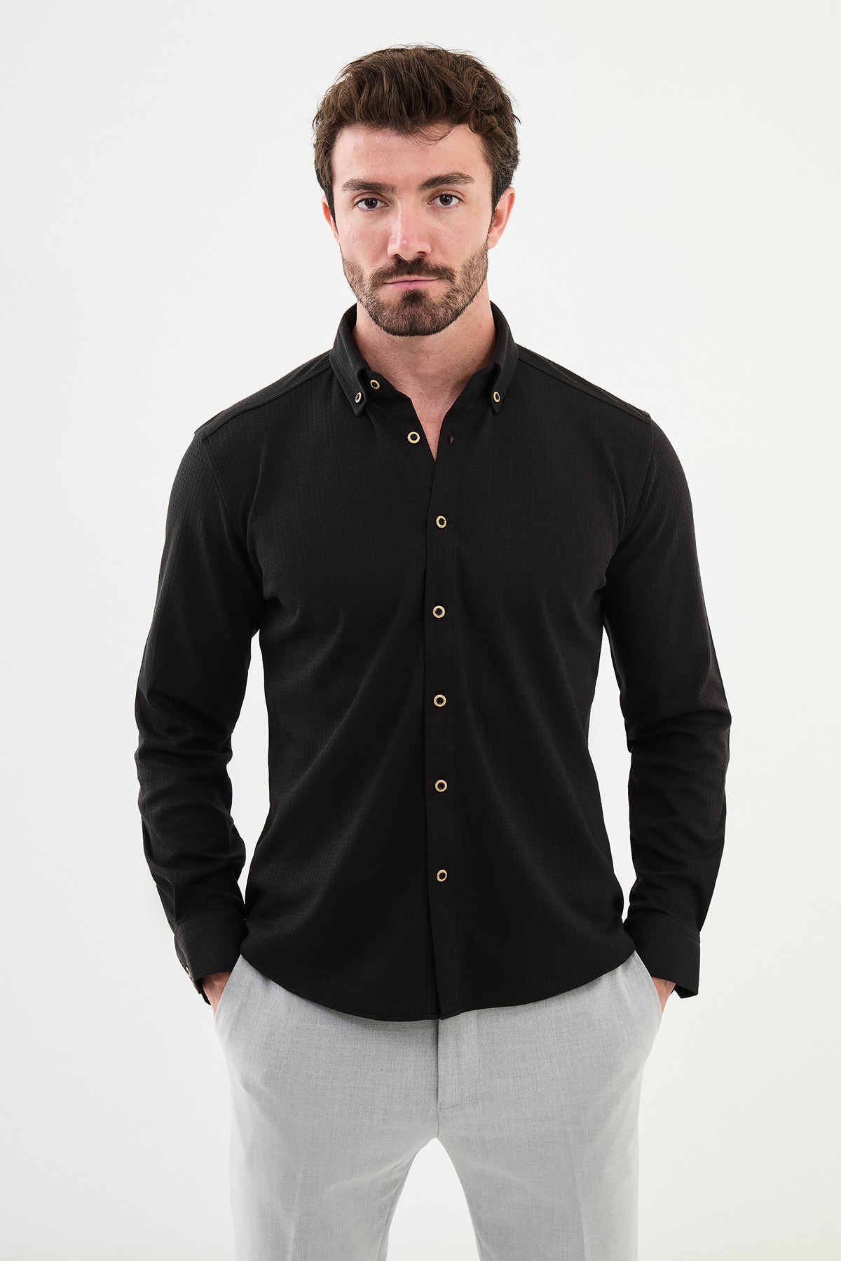 Desenli Slim Fit Erkek Gömlek - Siyah