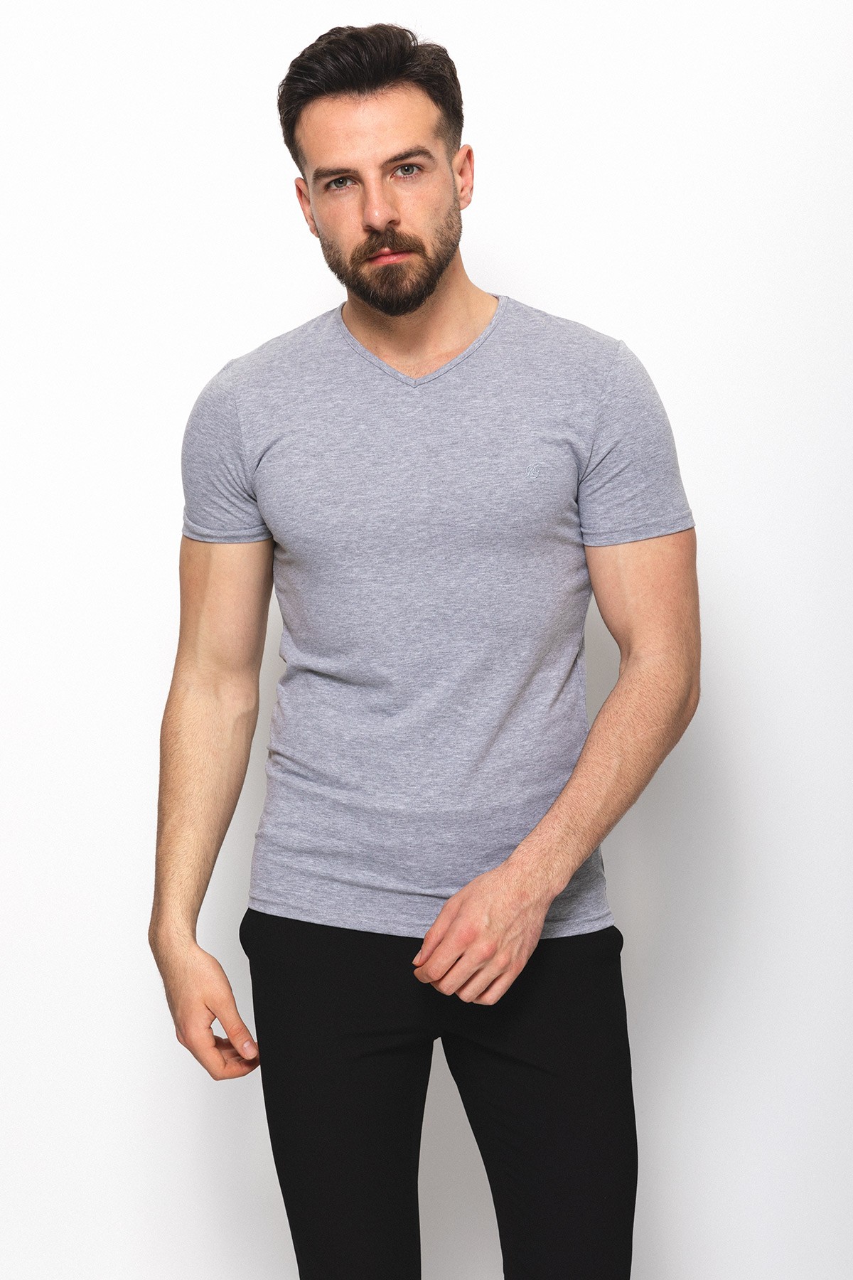 Düz Super Slim Fit V Yaka Basic Erkek T-Shirt - Gri