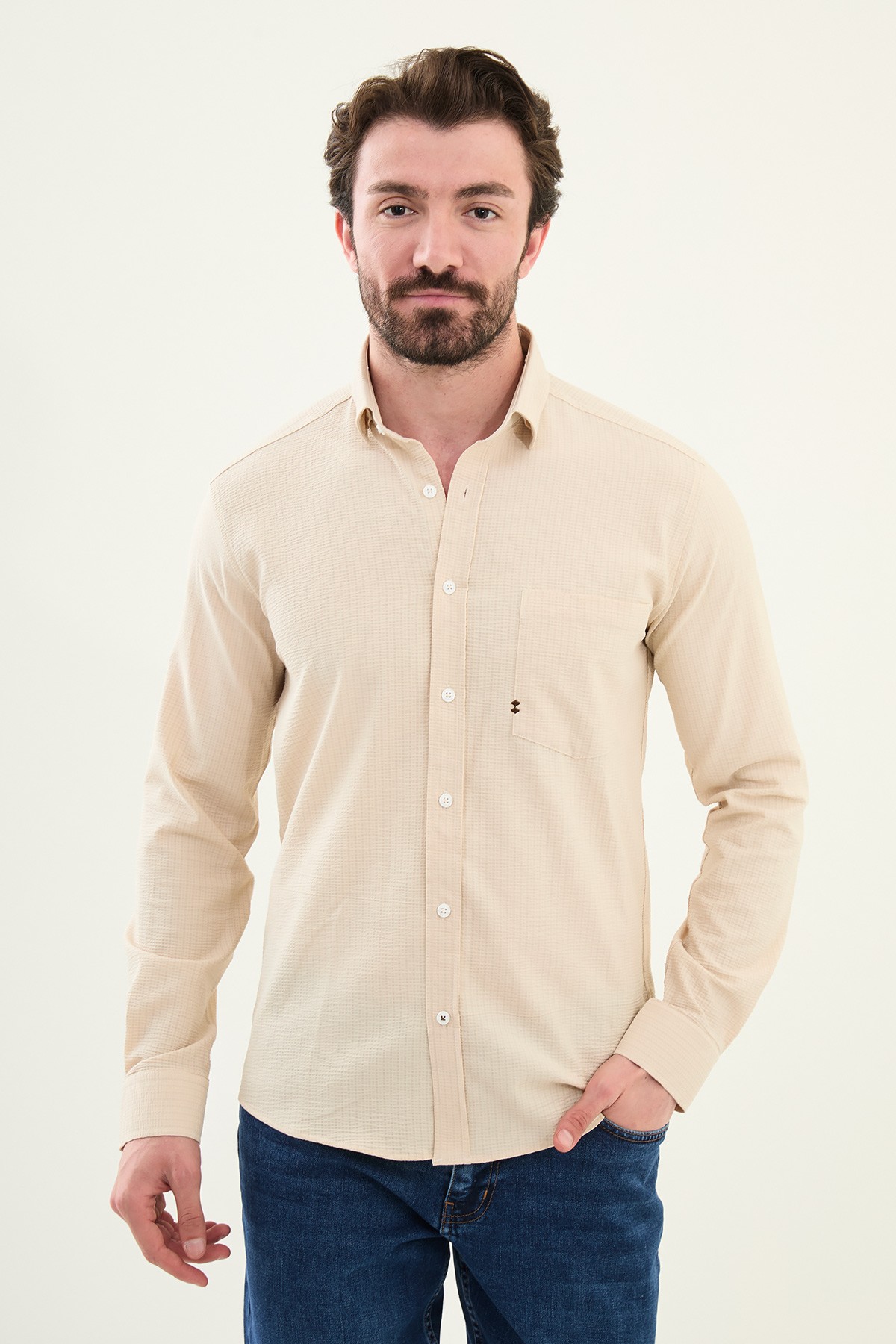 Gofreli Slim Fit Pamuk Erkek Gömlek - Bej