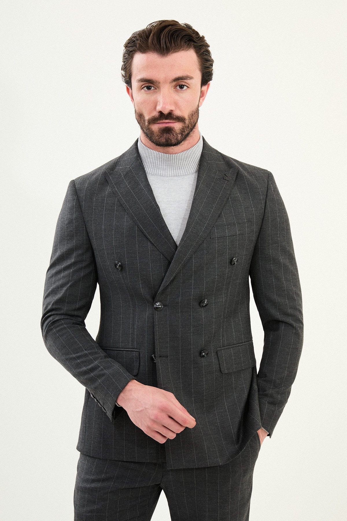 Çizgili Slim Fit Geniş Yaka Kruvaze Erkek Takım Elbise - Antrasit