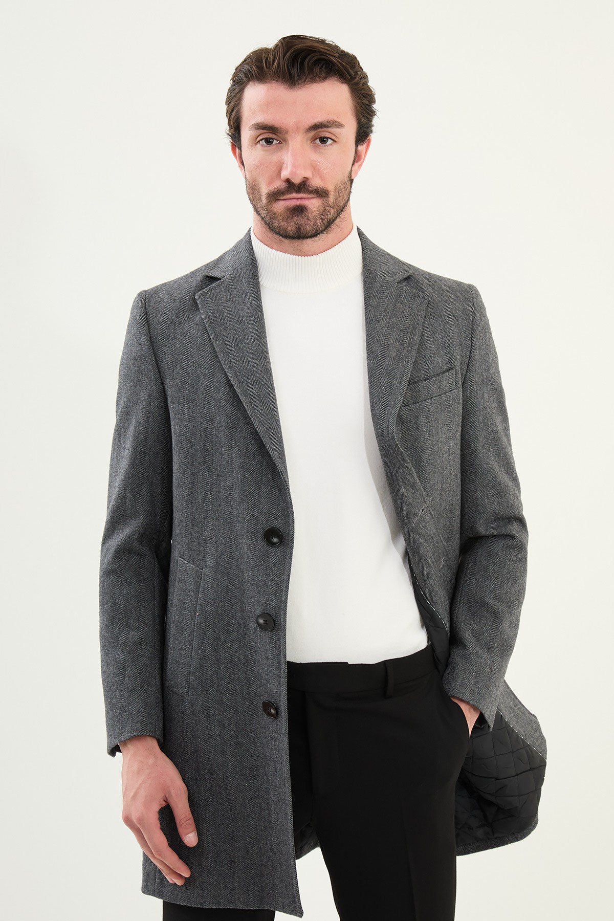 Desenli Slim Fit Mono Yaka Kaşe Erkek Kaban - Siyah