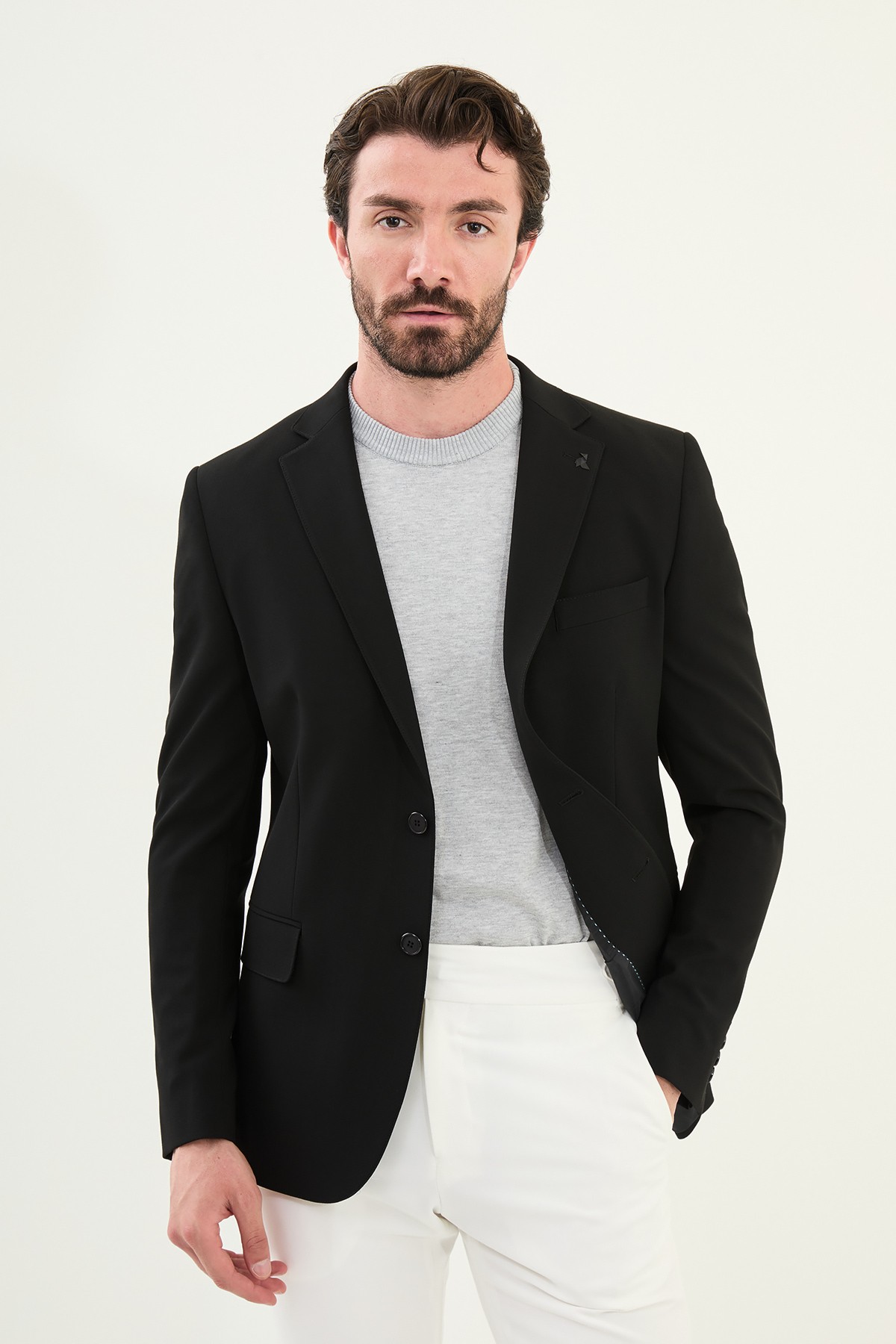 Düz Slim Fit Mono Yaka Klasik Erkek Ceket - Siyah
