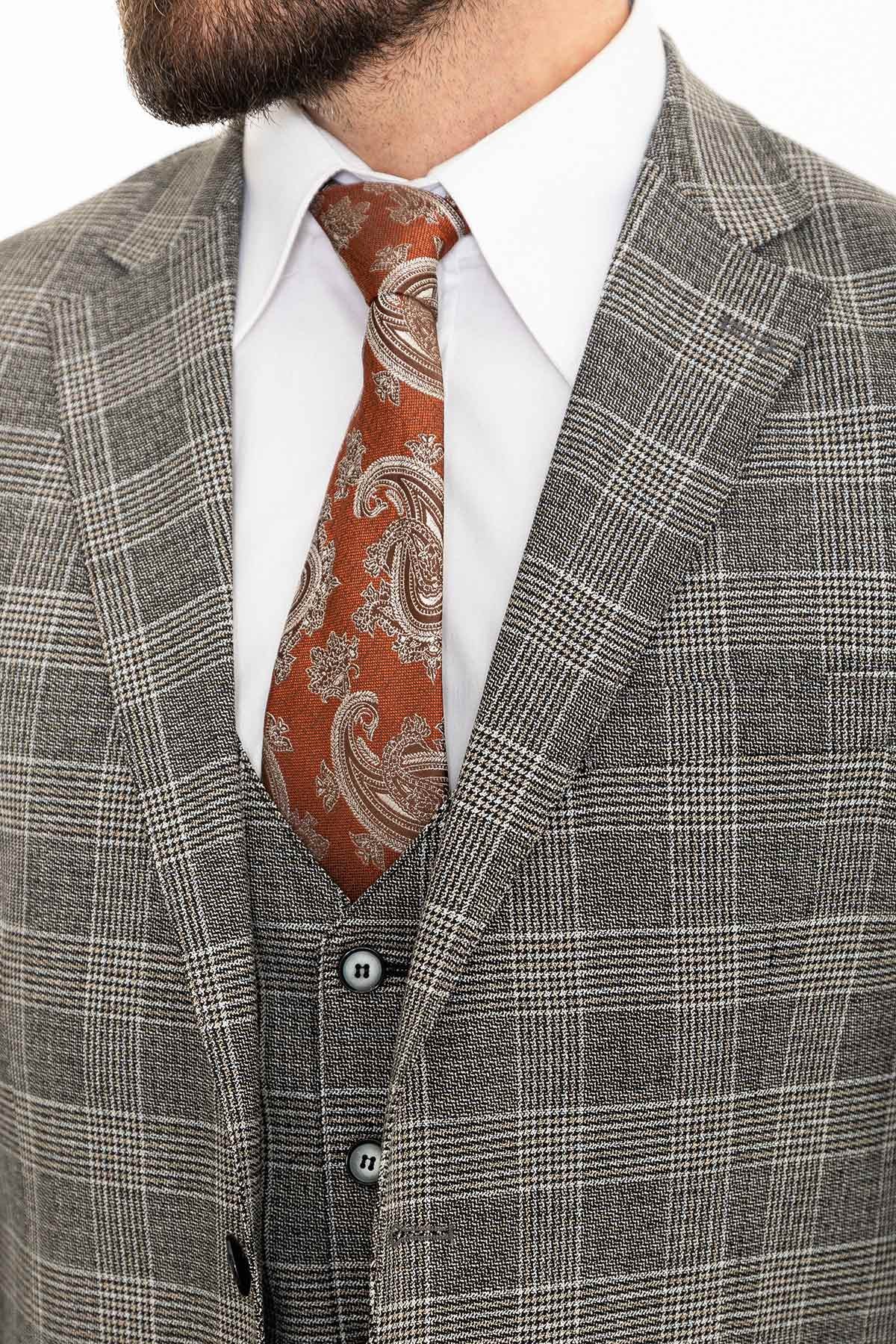 Ekoseli Slim Fit Mono Yaka Keten Erkek Takım Elbise