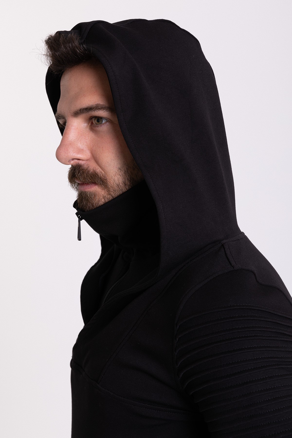 Fermuar Detaylı Slim Fit Kapüşonlu Erkek Sweatshirt