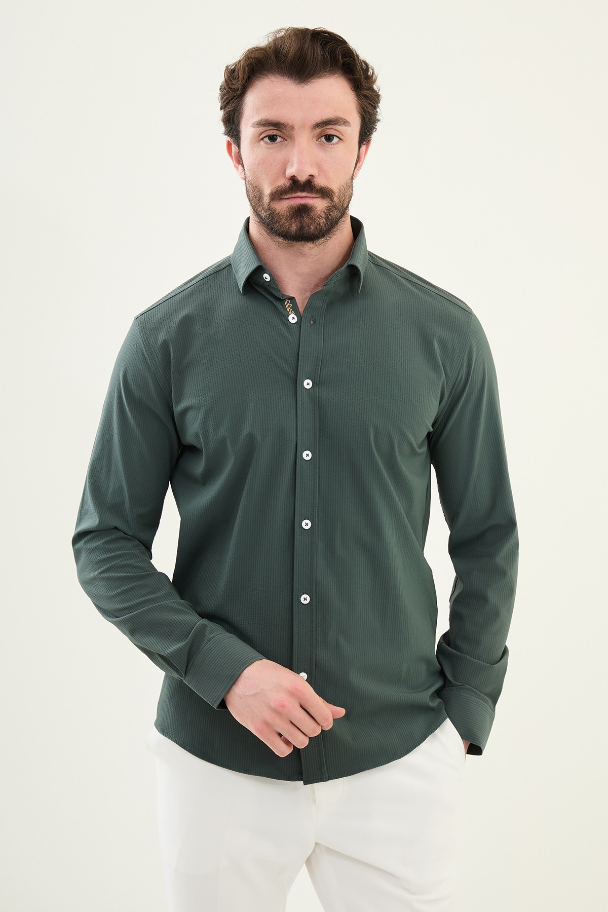 Gofreli Slim Fit Pamuk Erkek Gömlek - Haki