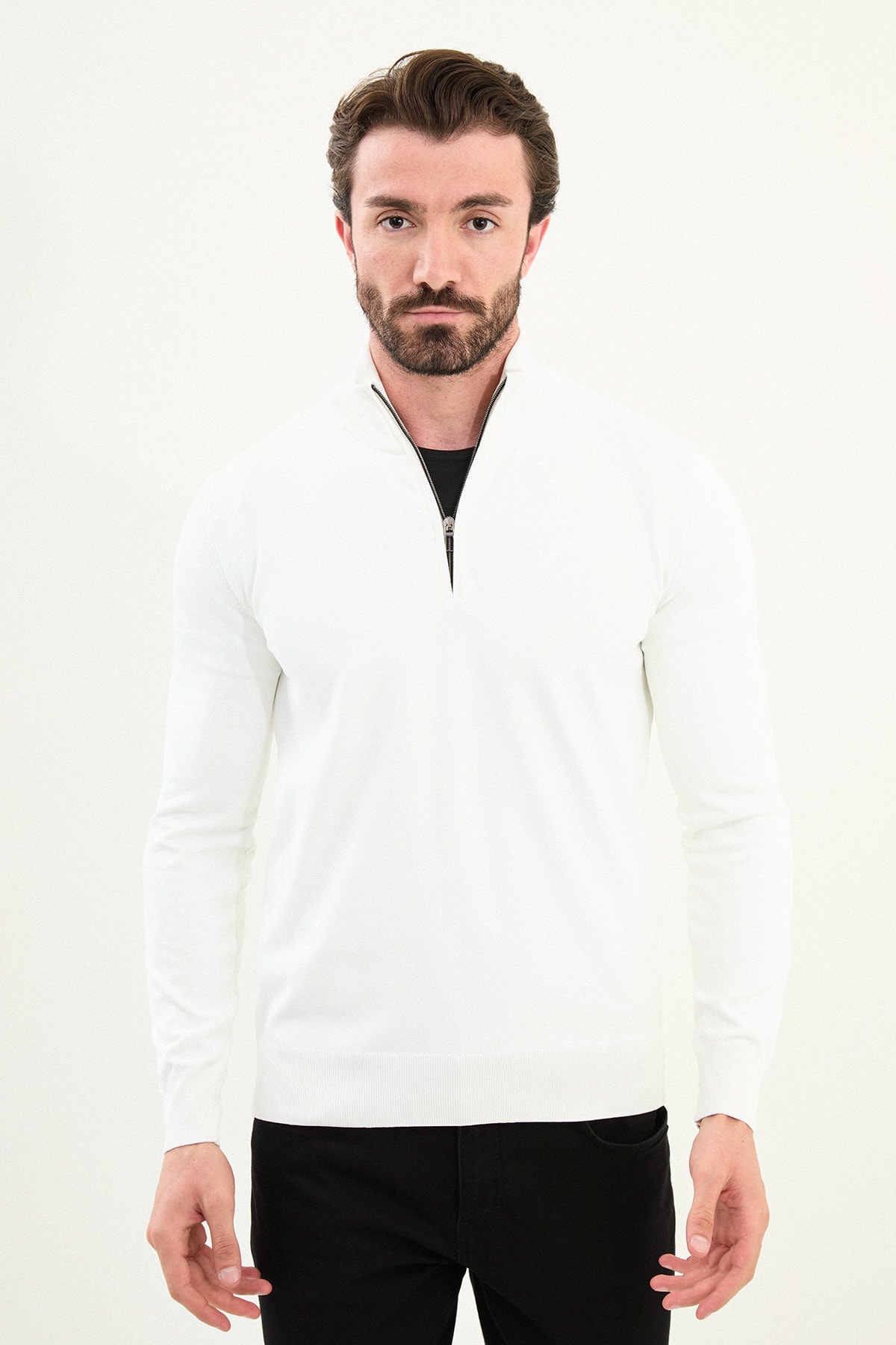 Düz Slim Fit Fermuarlı Yarım Balıkçı Erkek Triko Kazak - Ekru