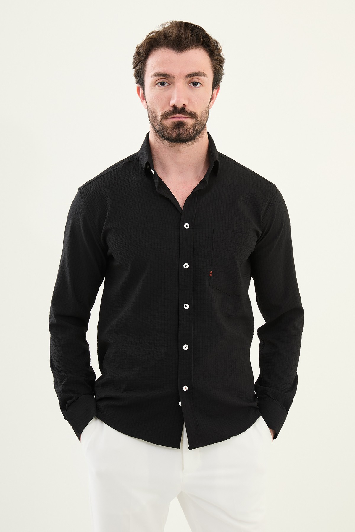 Gofreli Slim Fit Pamuk Erkek Gömlek - Siyah