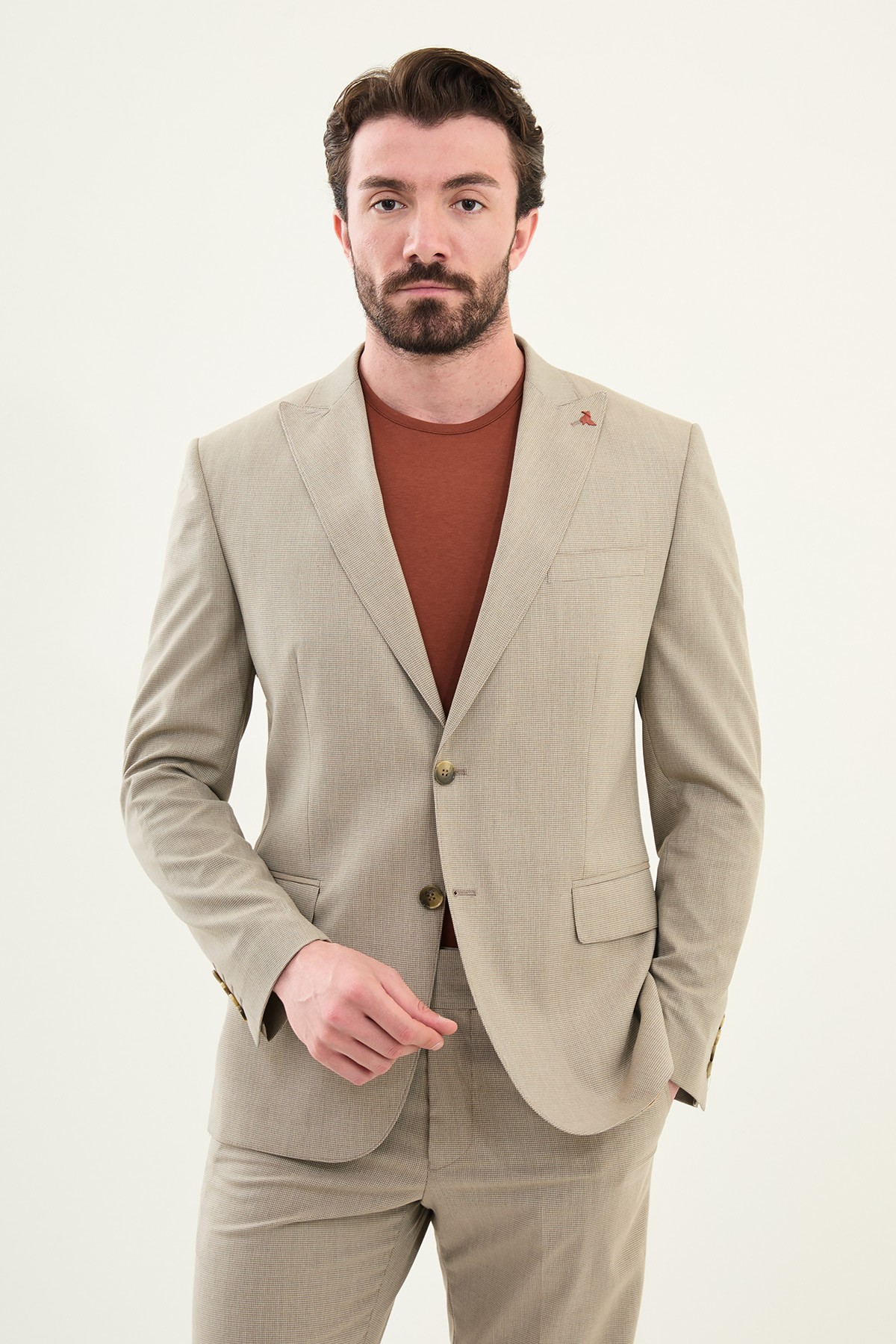 Desenli Slim Fit Geniş Yaka Erkek Takım Elbise - Kamel