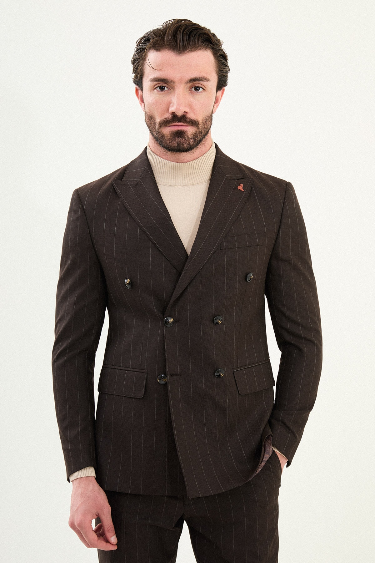 Çizgili Slim Fit Geniş Yaka Kruvaze Erkek Takım Elbise - Kahverengi