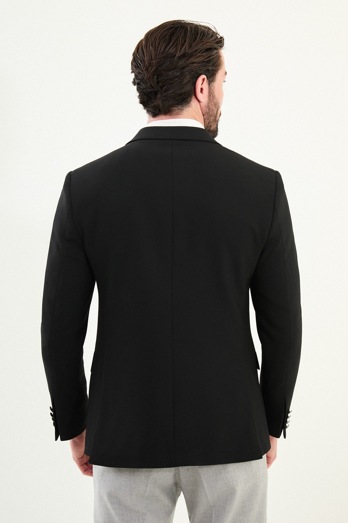 Düz Slim Fit Geniş Yaka Kruvaze Metal Düğmeli Erkek Ceket