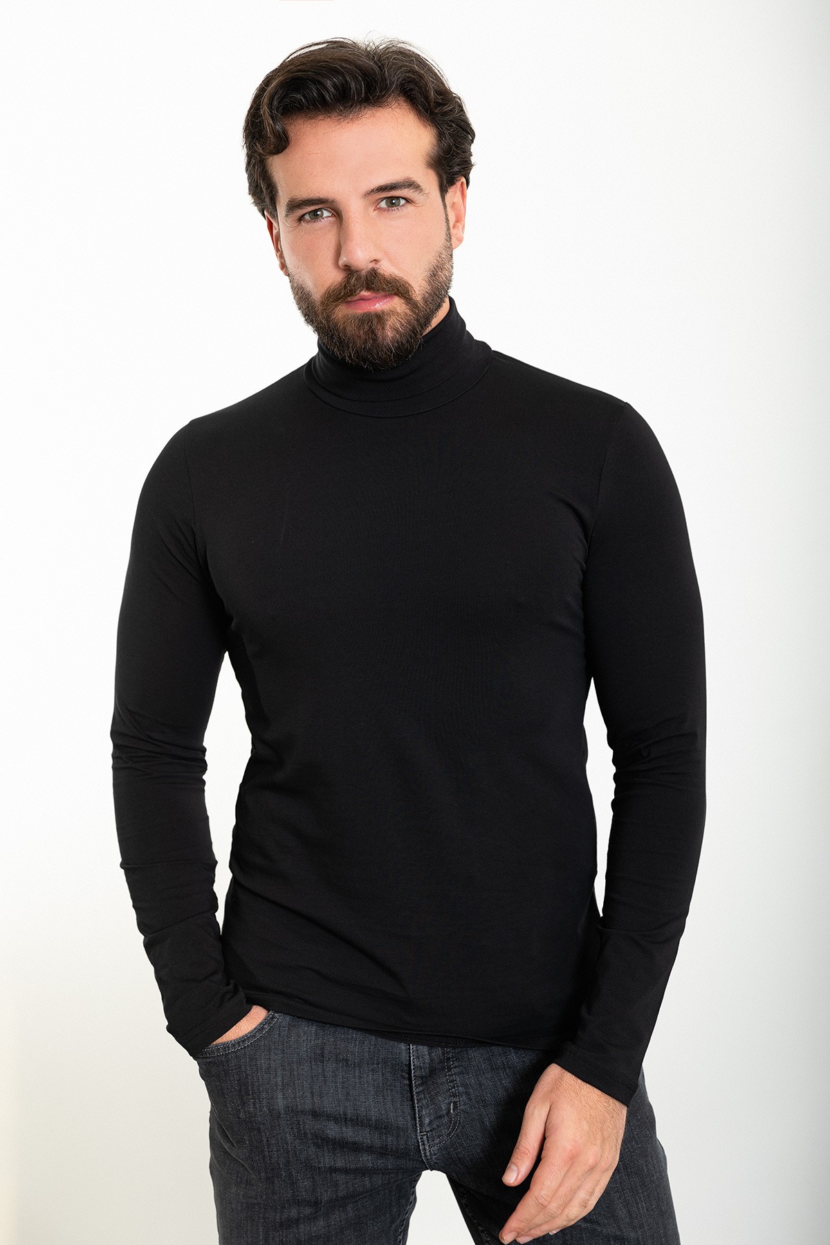 Düz Slim Fit Uzun Kollu Tam Balıkçı Yaka Erkek Penye