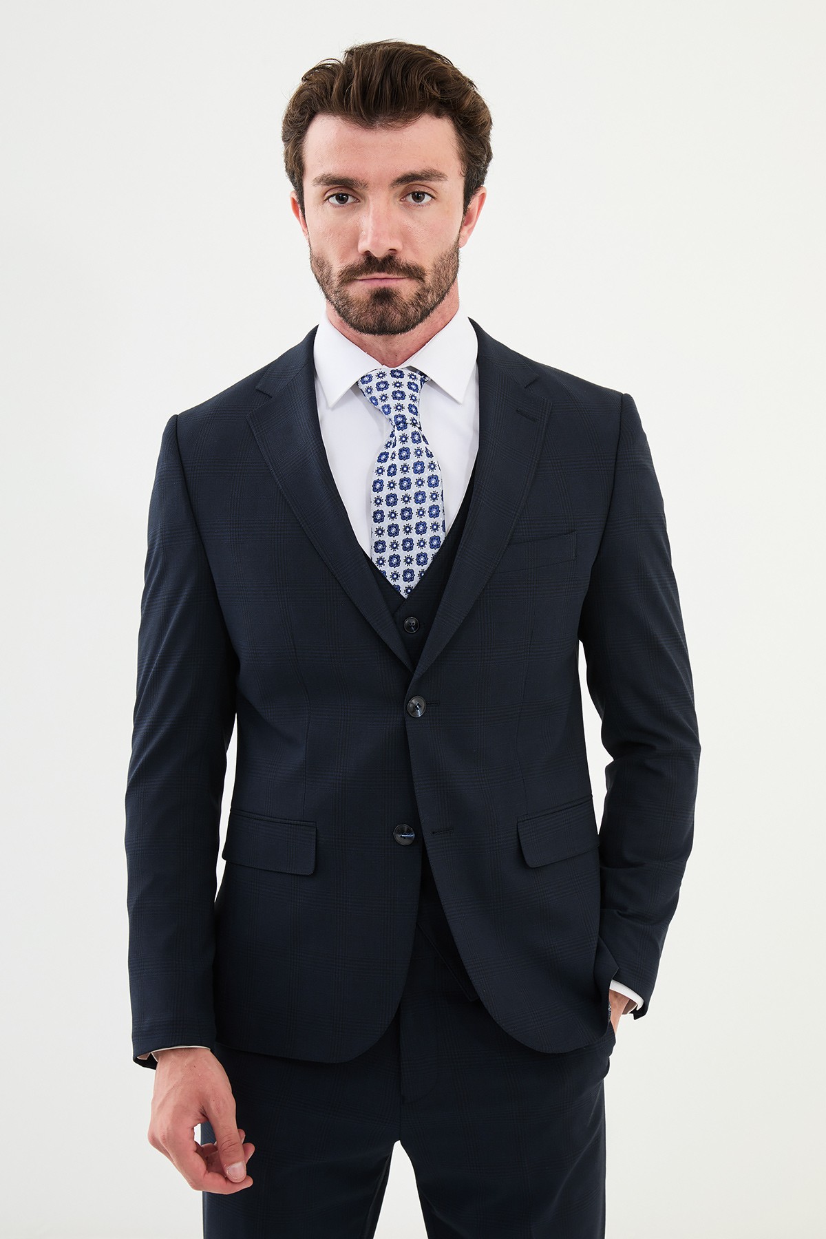 Ekoseli Slim Fit Mono Yaka Klasik Yün Erkek Takım Elbise