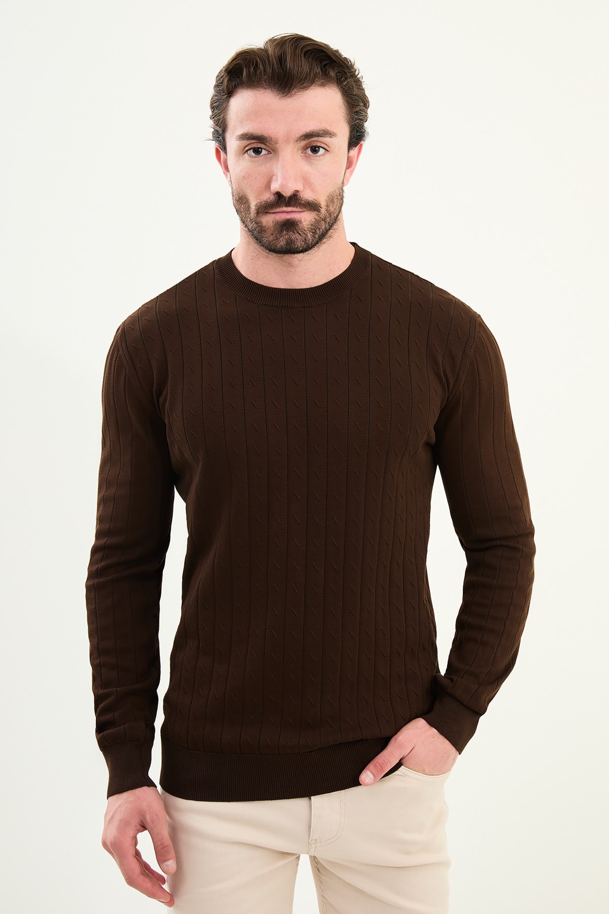 Desenli Slim Fit Bisiklet Yaka Erkek Triko Kazak - Kahverengi