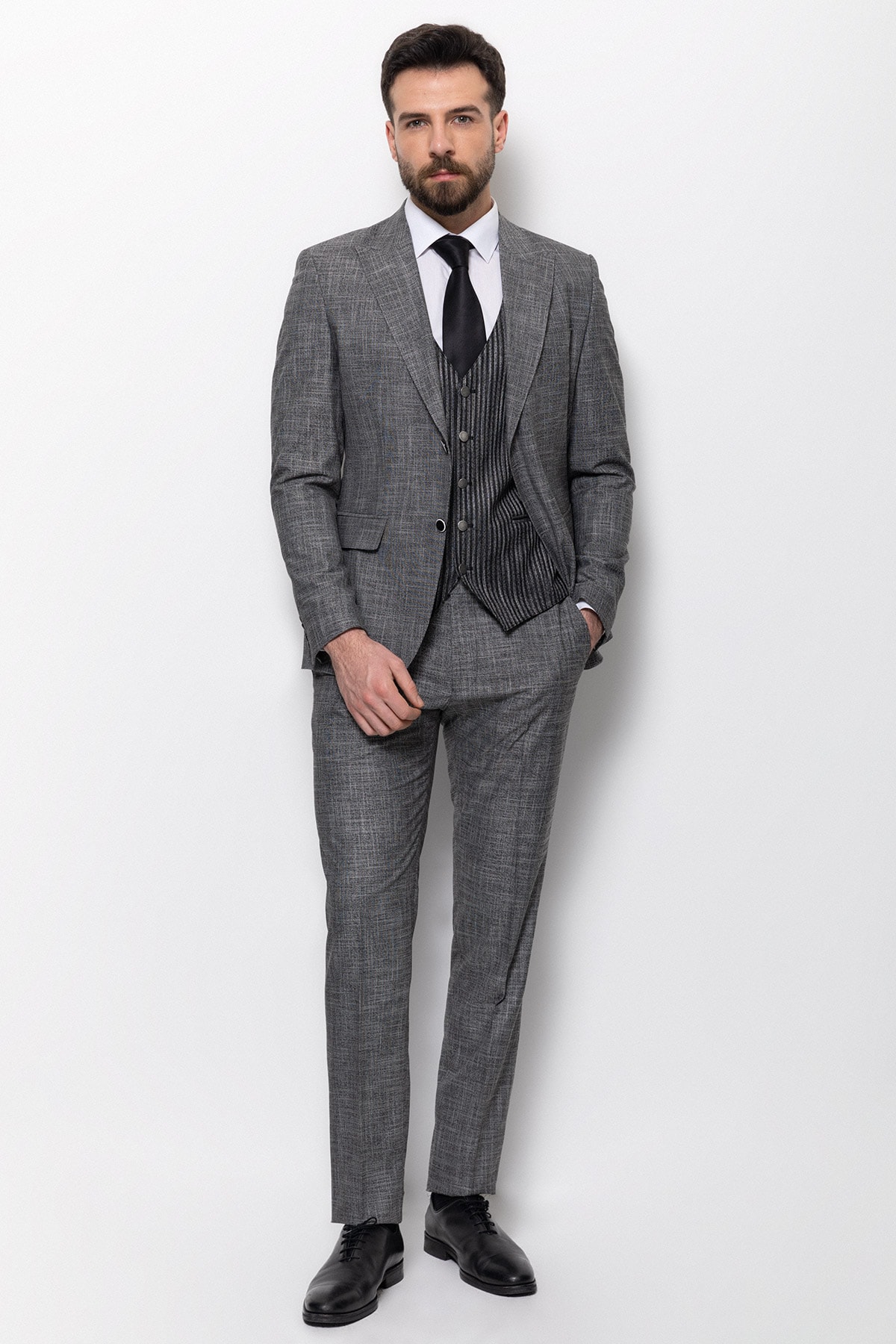 Kırçıllı Slim Fit Kırlangıc Yaka Erkek Takım Elbise