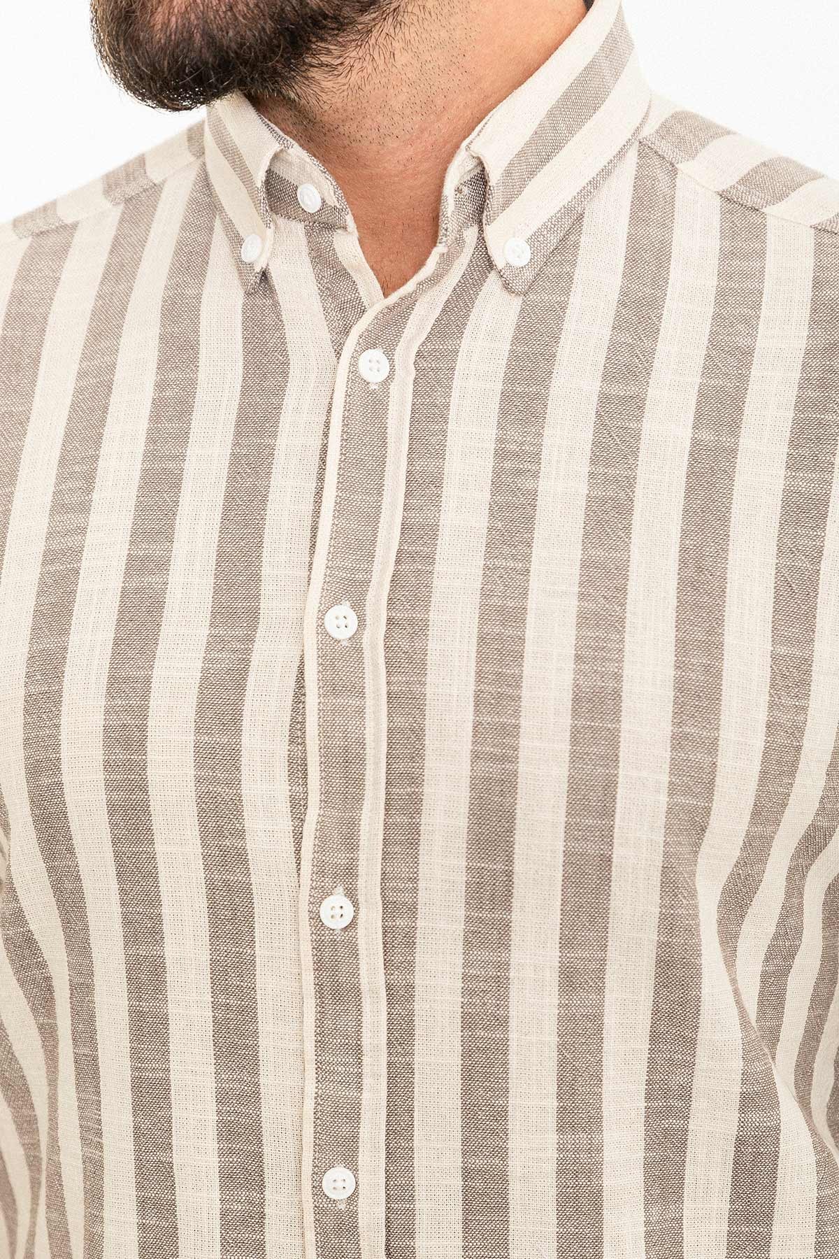 Çizgili Slim Fit Uzun Kollu Keten Erkek Gömlek