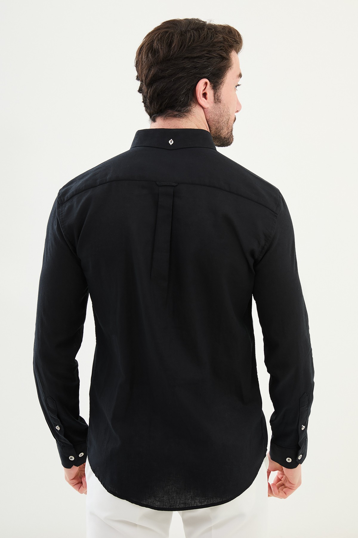 Düz Slim Fit Uzun Kollu Keten Erkek Gömlek