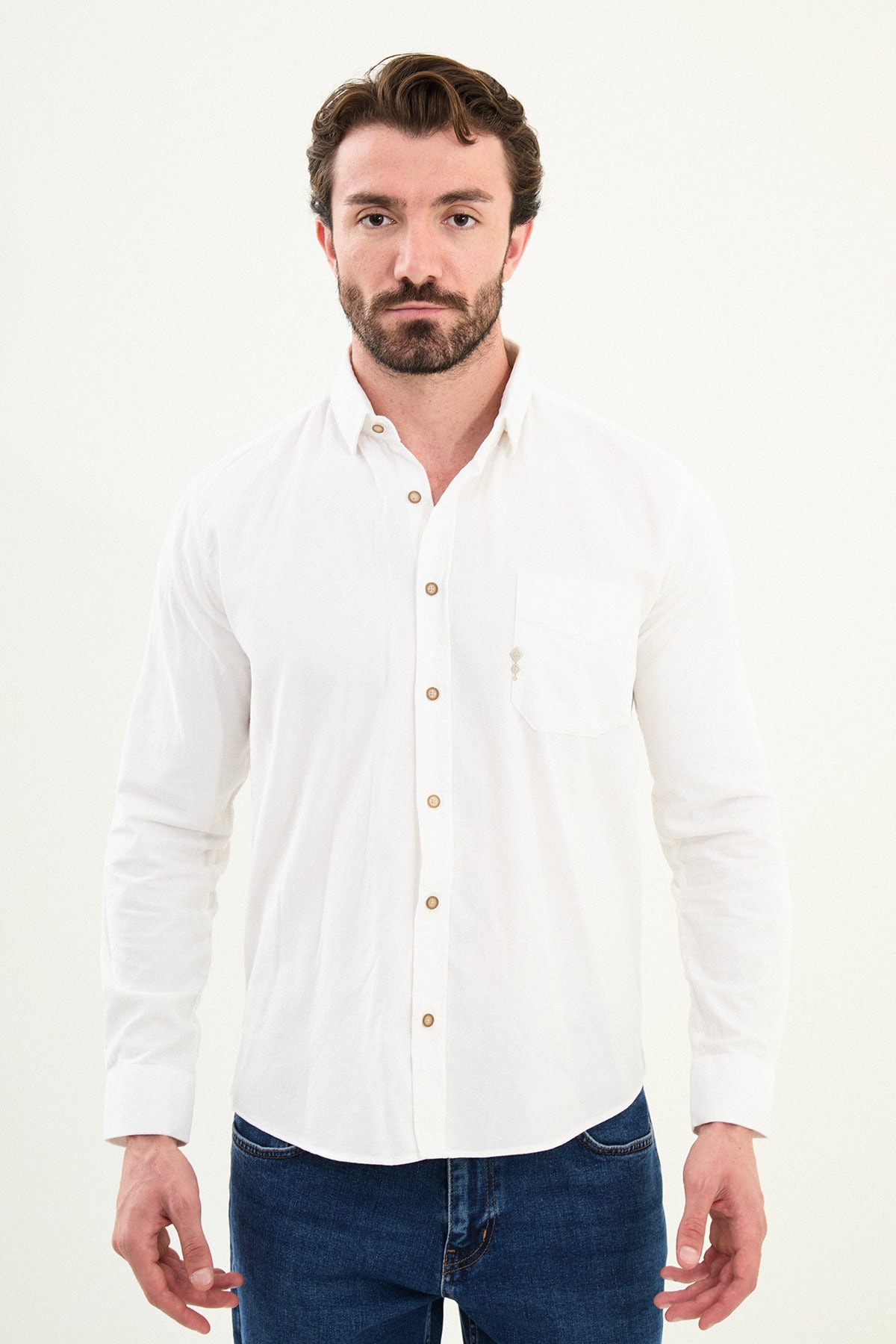 Düz Slim Fit Nakış Detaylı Kadife Erkek Gömlek - Ekru