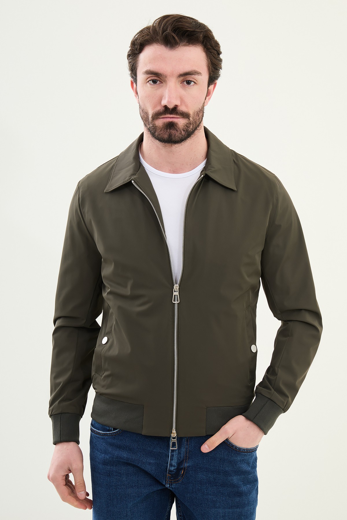 Düz Slim Fit Gömlek Yaka Çift Fermuar Erkek Mont - Haki