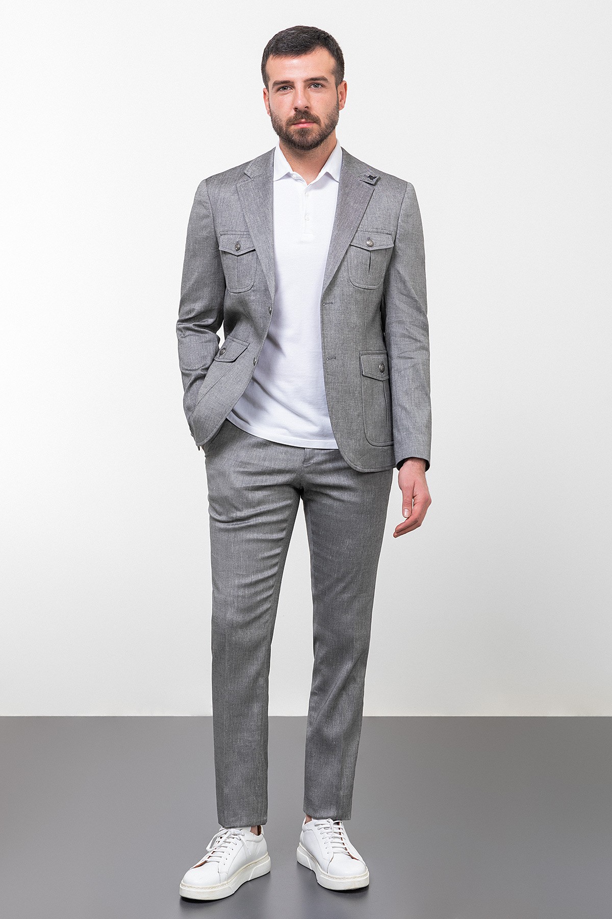 Kırçıllı Slim Fit Torba Cep Mono Yaka Keten Erkek Takım Elbise