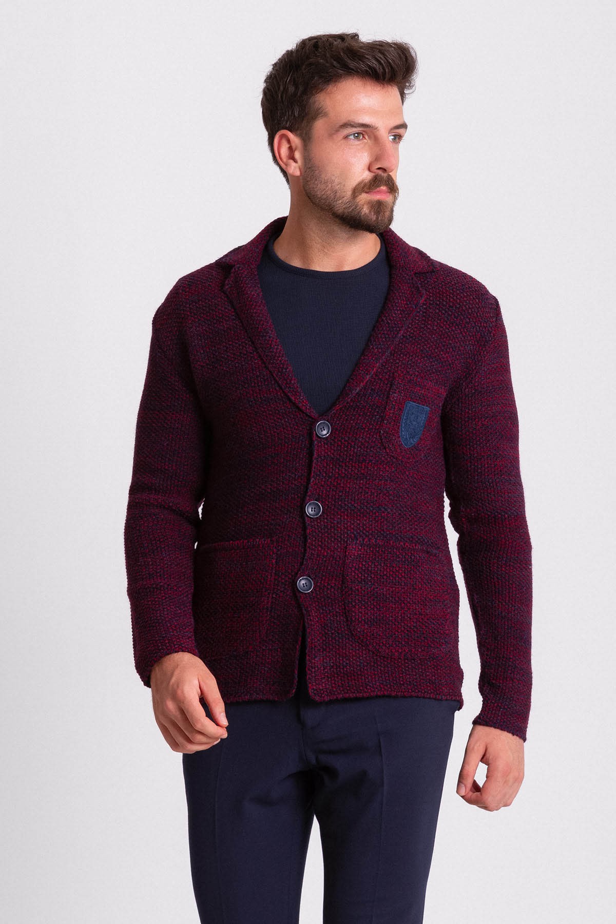 Kırçıllı Slim Fit Yün Erkek Triko Ceket - Bordo