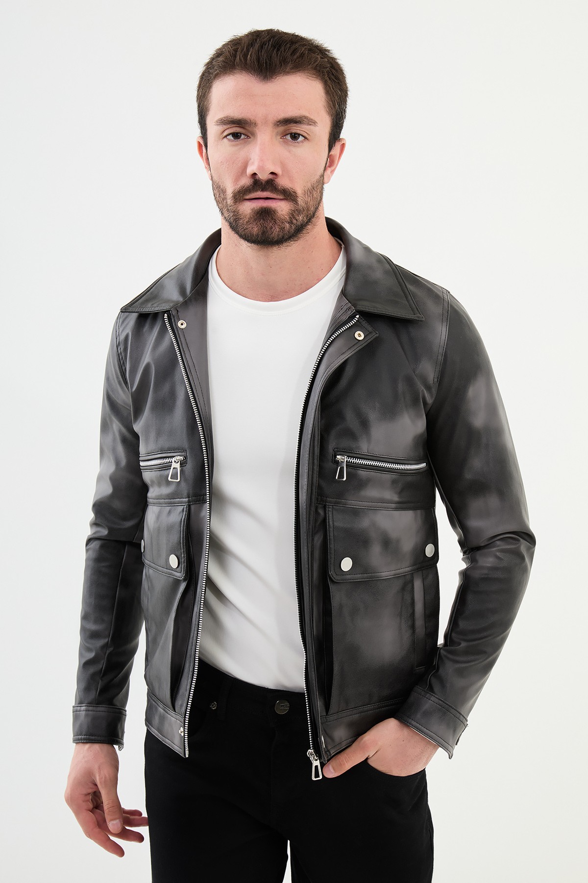 Desenli Slim Fit Torba Cep Gömlek Yaka Suni Deri Erkek Mont