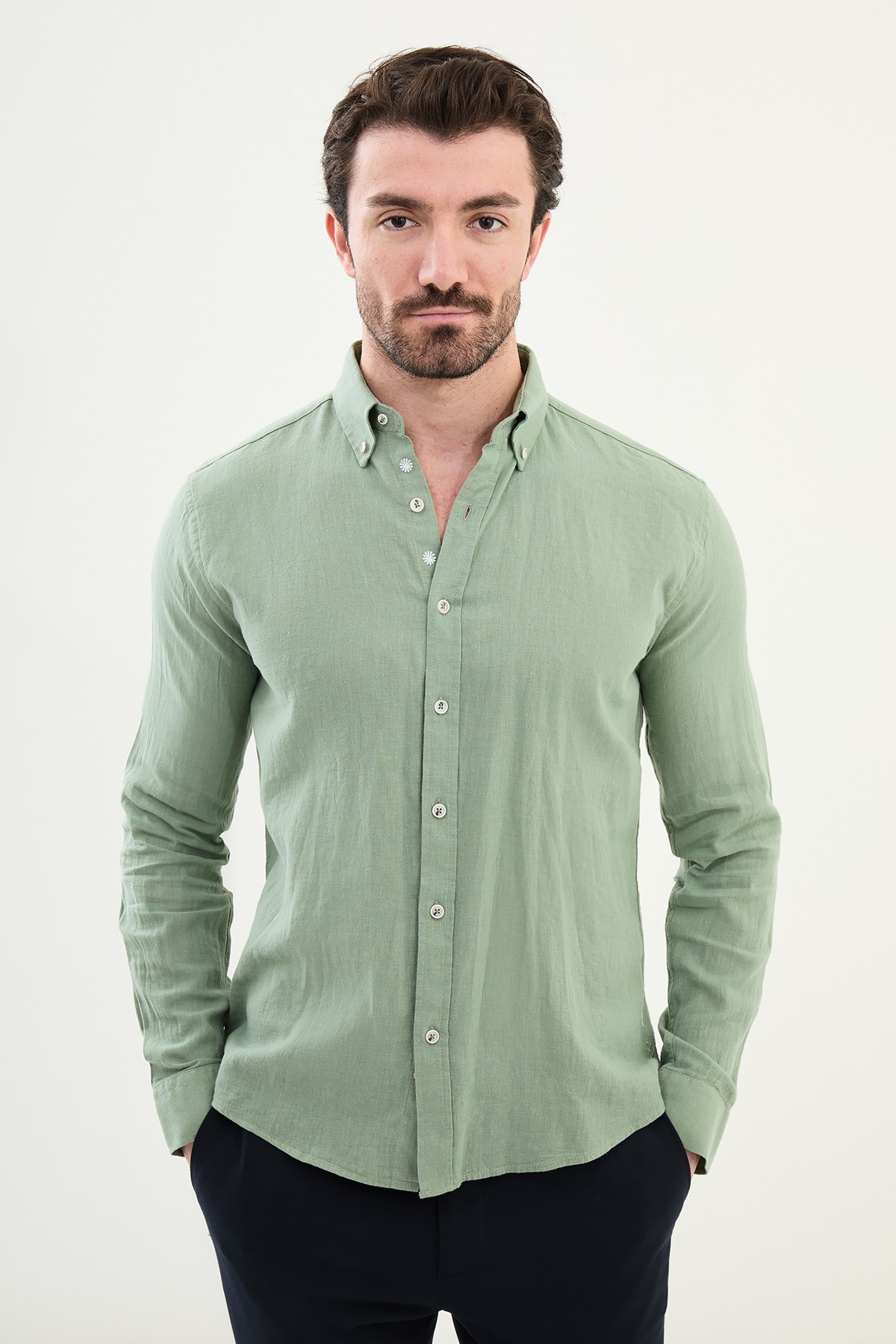 Düz Slim Fit Uzun Kollu Keten Erkek Gömlek - Açık Yeşil