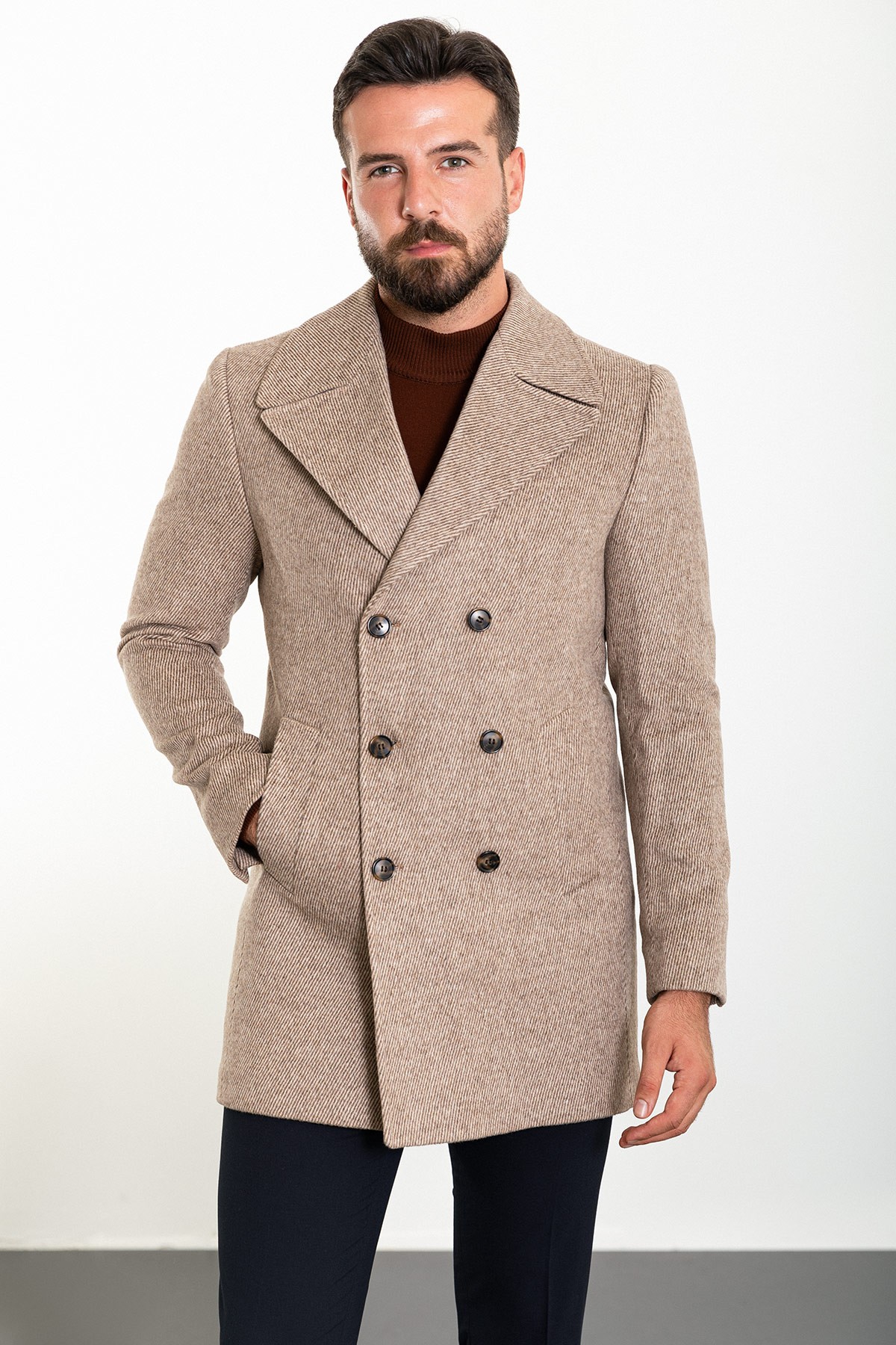 Çizgi Desenli Slim Fit Geniş Yaka Kruvaze Kaşe Erkek Kaban
