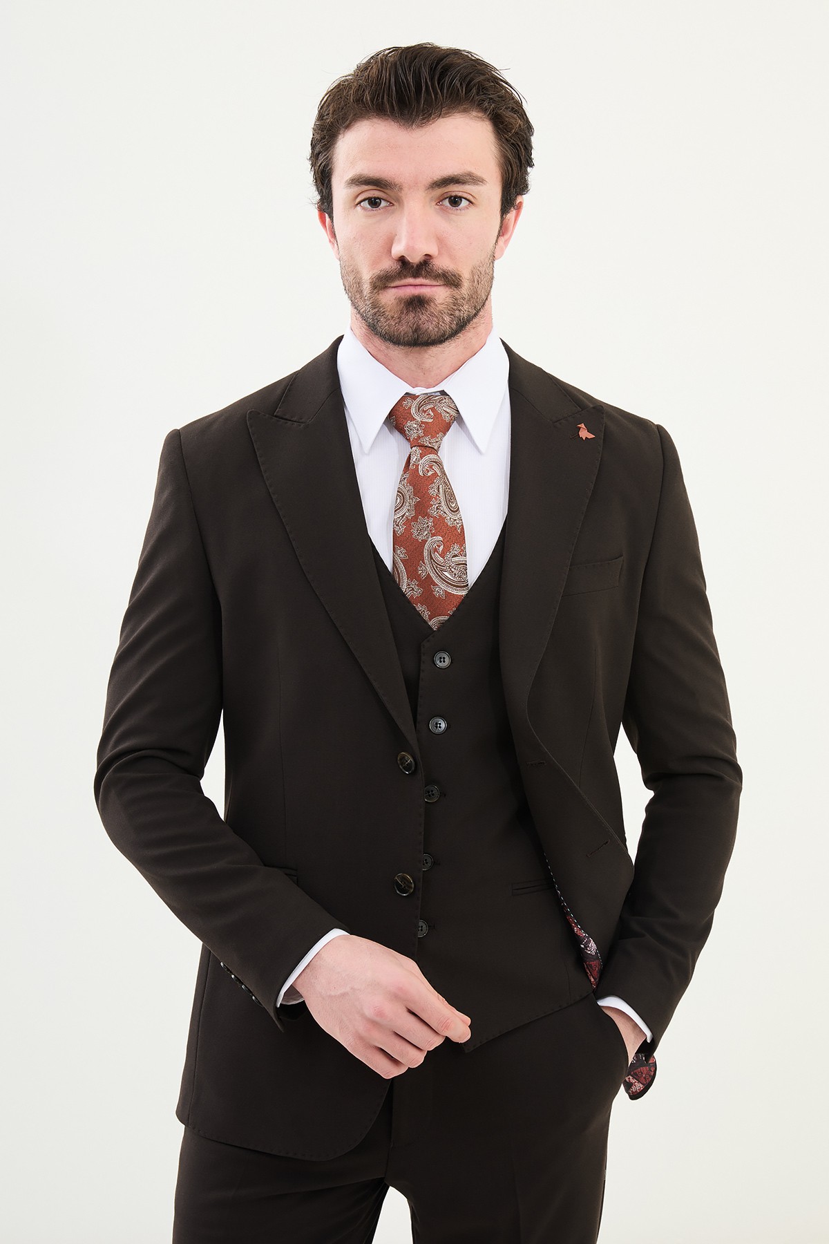Düz Slim Fit Mono Yaka Klasik Erkek Takım Elbise - Kahverengi