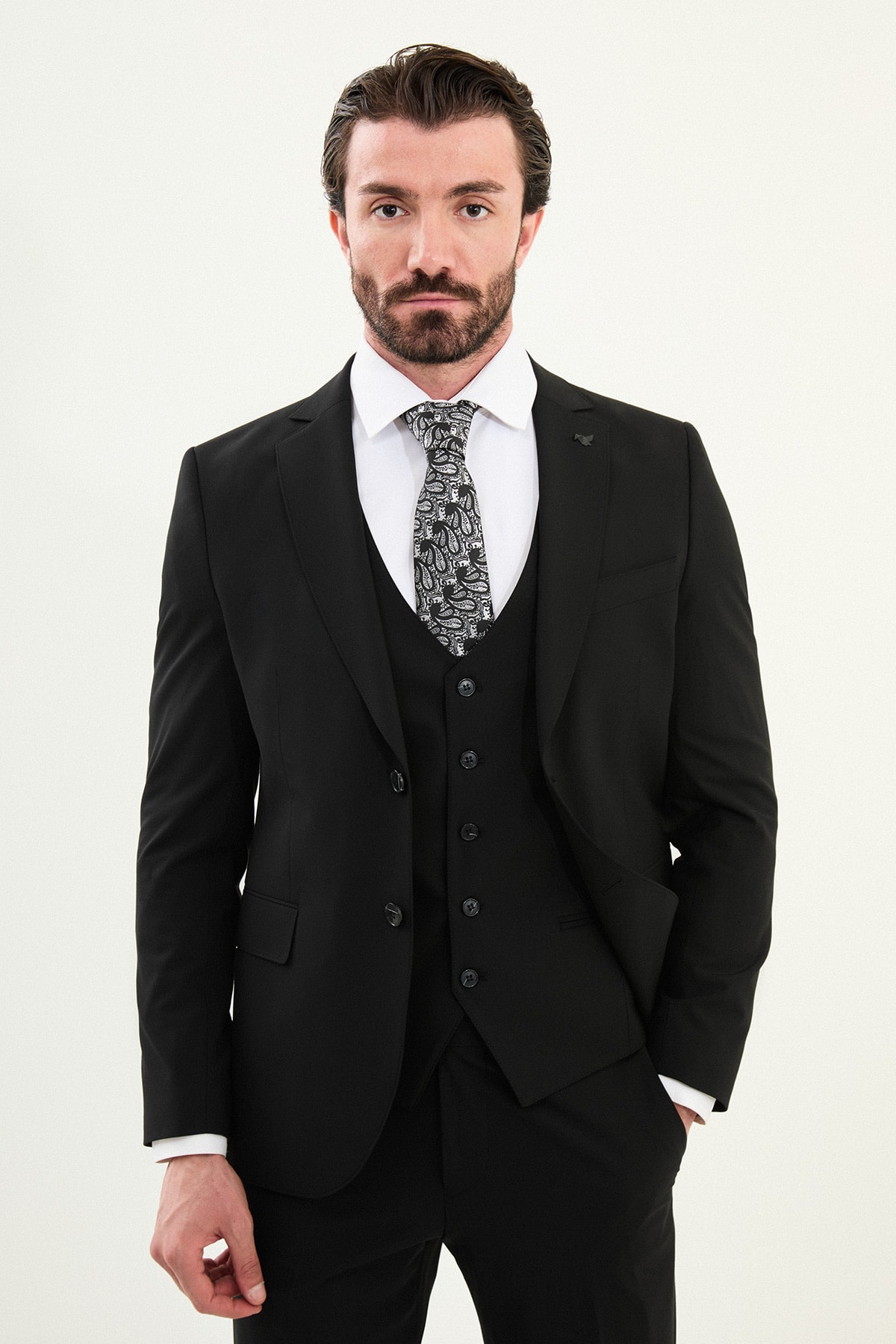 Düz Slim Fit Mono Yaka Klasik Erkek Takım Elbise - Siyah