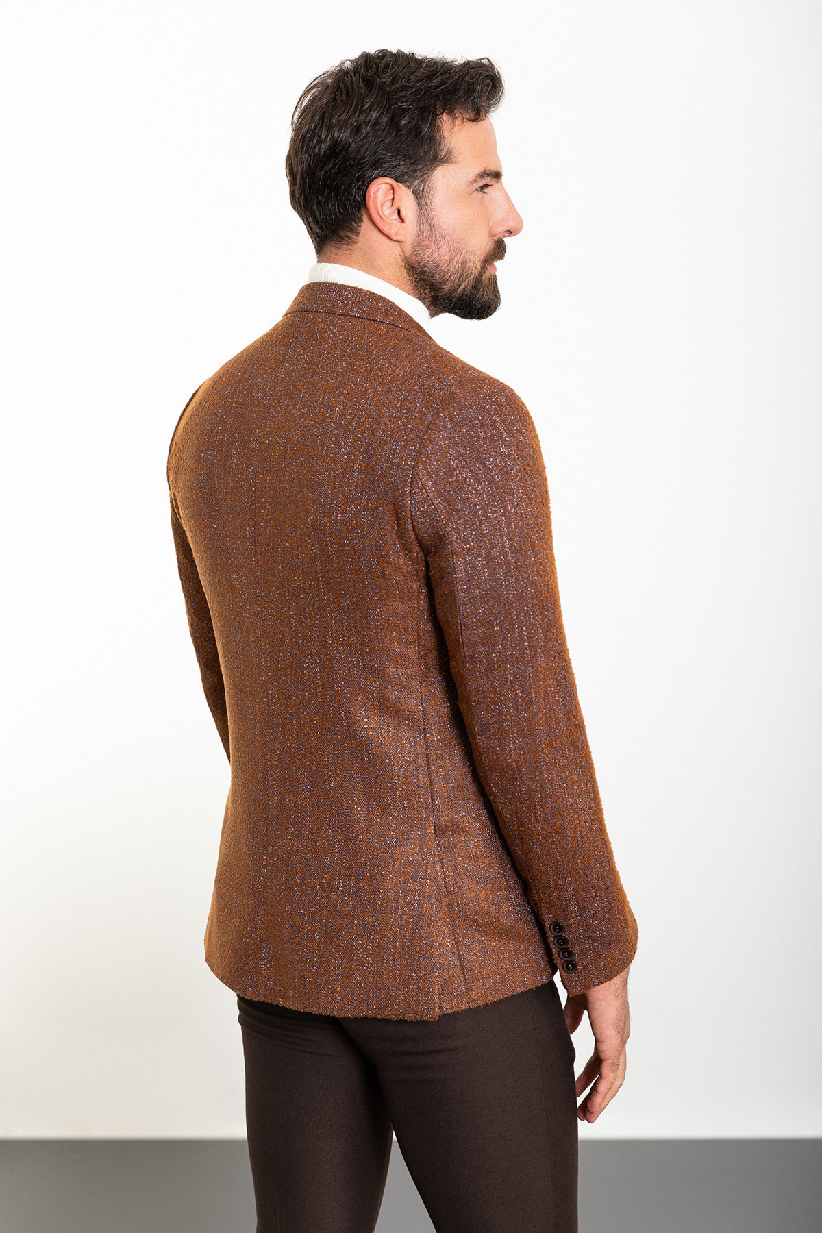 Dokulu Slim Fit Torba Cep Mono Yaka Yün Erkek Ceket