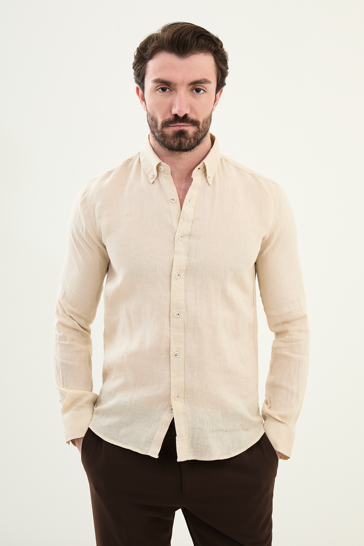 Düz Slim Fit %100 Keten Erkek Gömlek - Krem