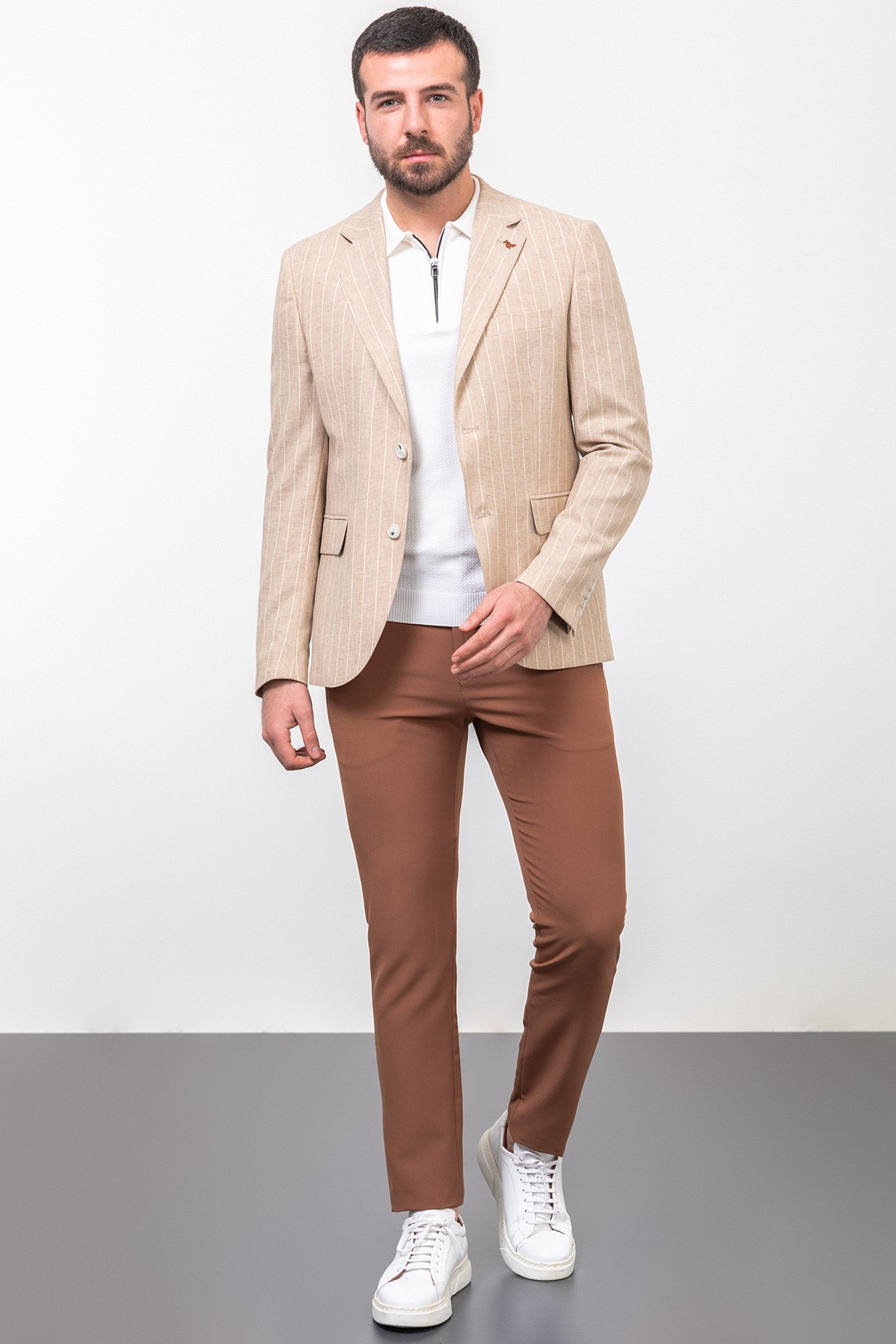 Çizgili Slim Fit Mono Yaka Keten Erkek Ceket
