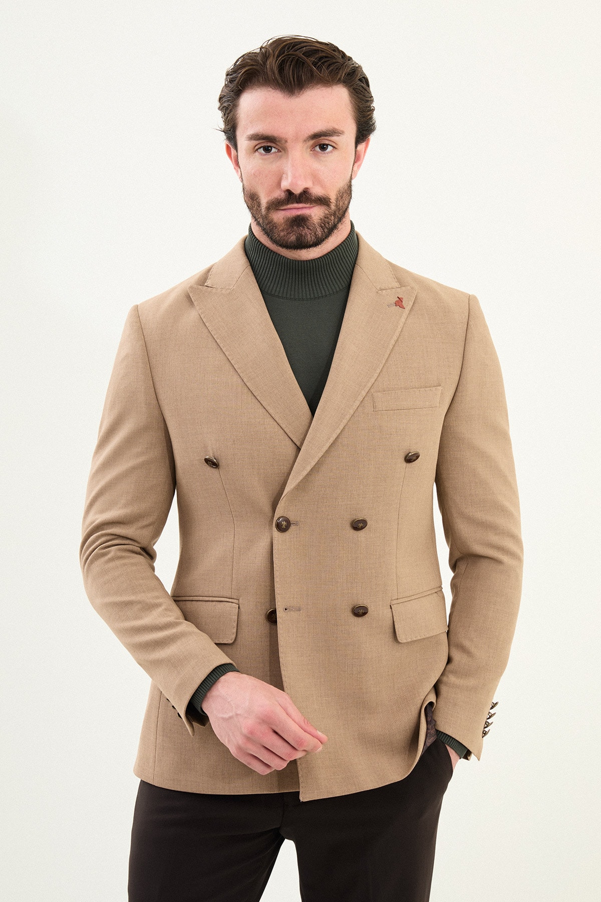 Düz Slim Fit Geniş Yaka Kruvaze Metal Düğmeli Erkek Ceket - Bej