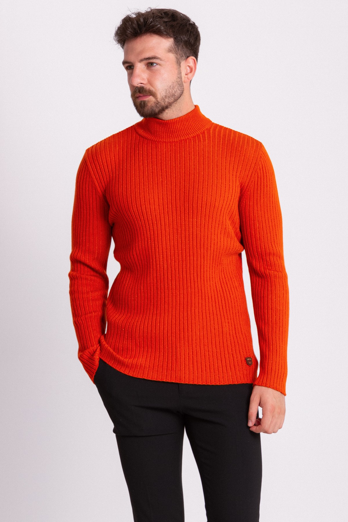 Fitilli Slim Fit Erkek Yarım Balıkçı Yaka Kazak - Oranj
