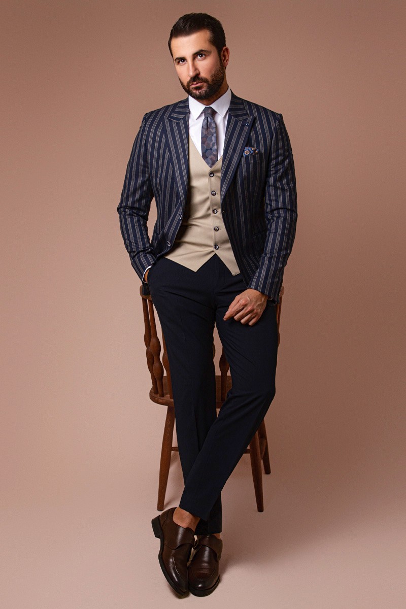 Çizgili Slim Fit Kombinli Erkek Takım Elbise