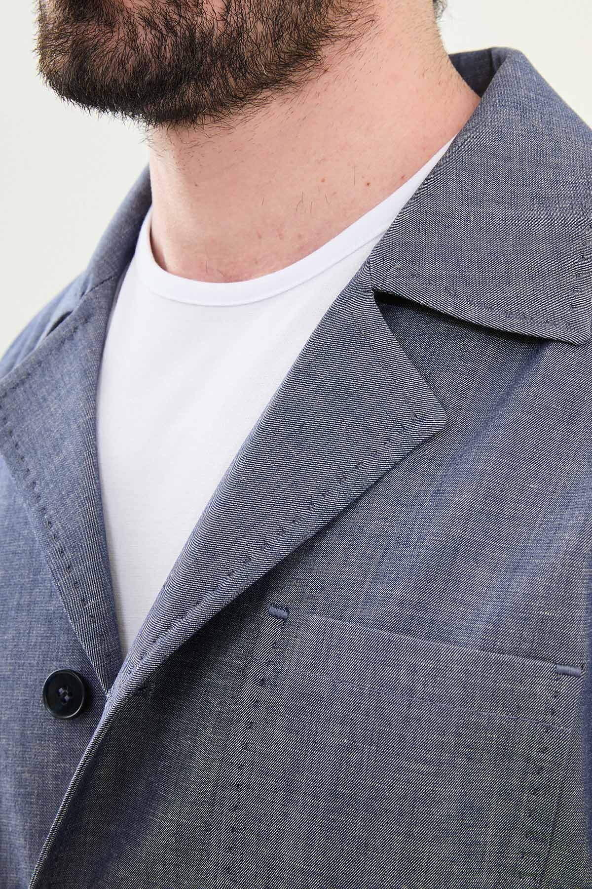 Düz Slim Fit Torba Cep Apaç Yaka Keten Erkek Trenchcoat