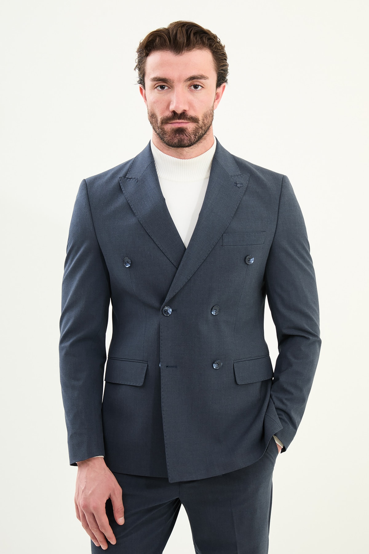 Düz Slim Fit Geniş Yaka Kruvaze Erkek Takım Elbise - İndigo